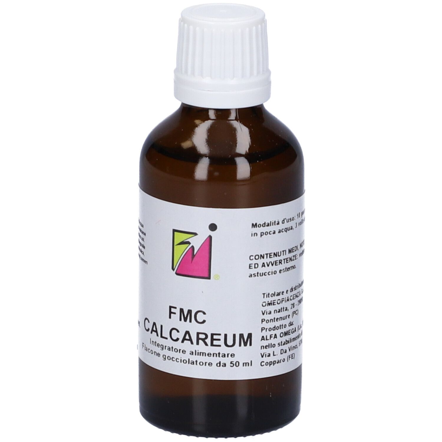 Flacone di vetro marrone con tappo bianco. Etichetta con testo. Flacone contagocce.