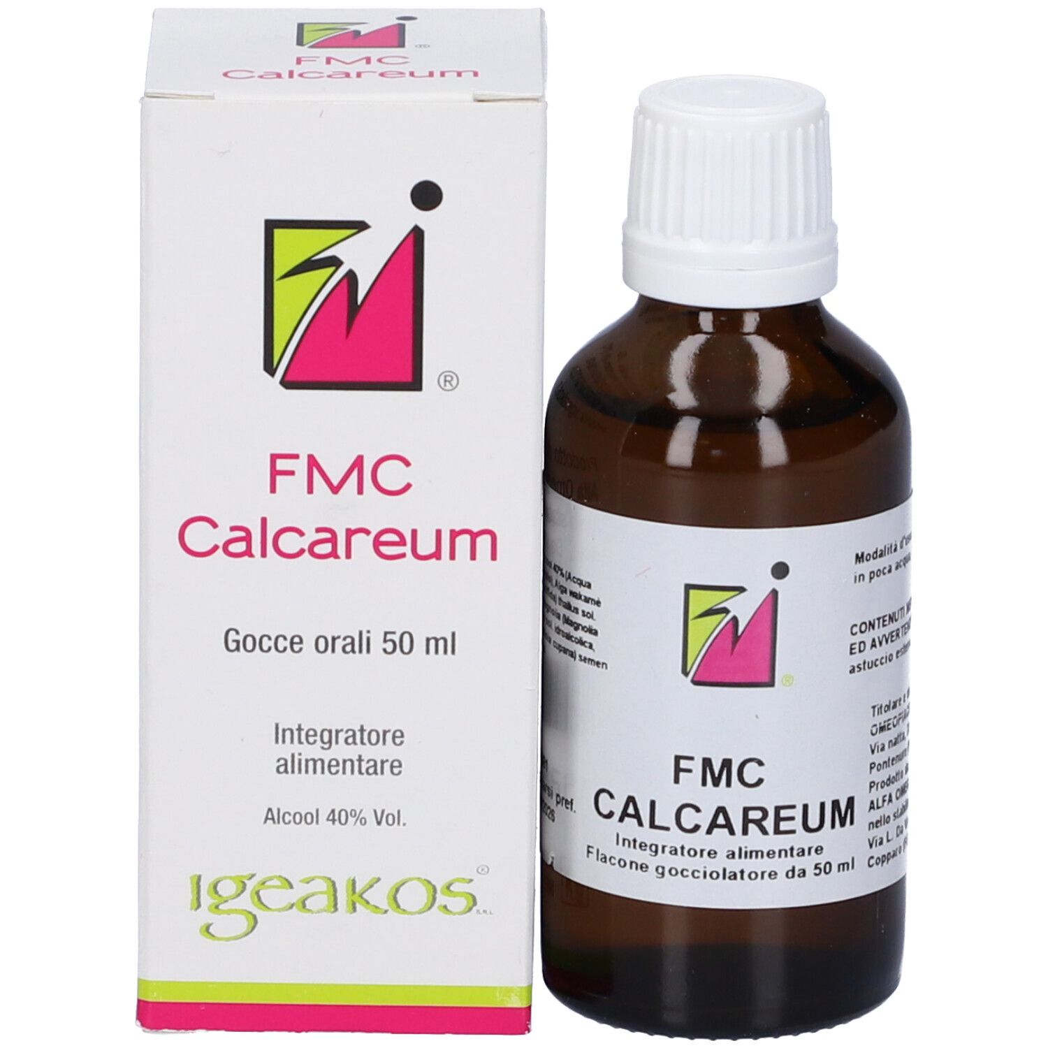 Flacone e scatola. Flacone marrone con tappo bianco. Scatola con testo: FMC Calcareum. Flacone contagocce.