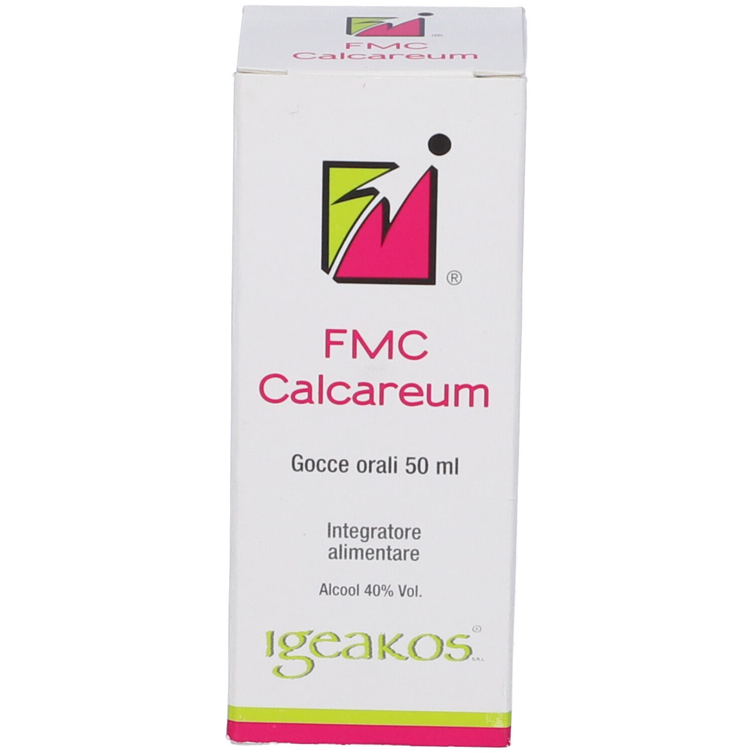 Scatola con testo: FMC Calcareum Gocce Orali 50 ml. Logo e testo. Bianco, rosa e verde.