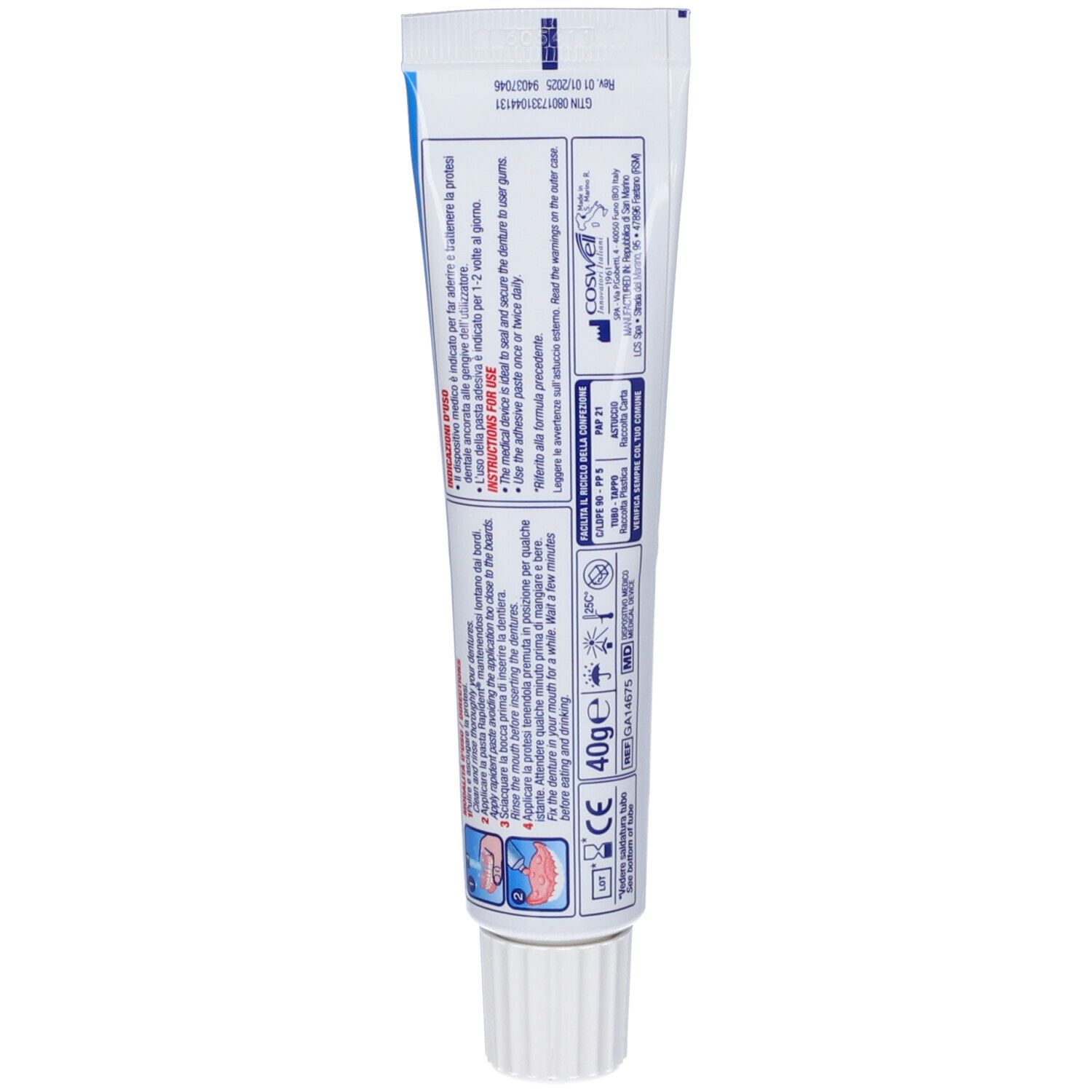 Retro di un tubo di crema adesiva Rapident con avvertenze, ingredienti e indicazione 40g.