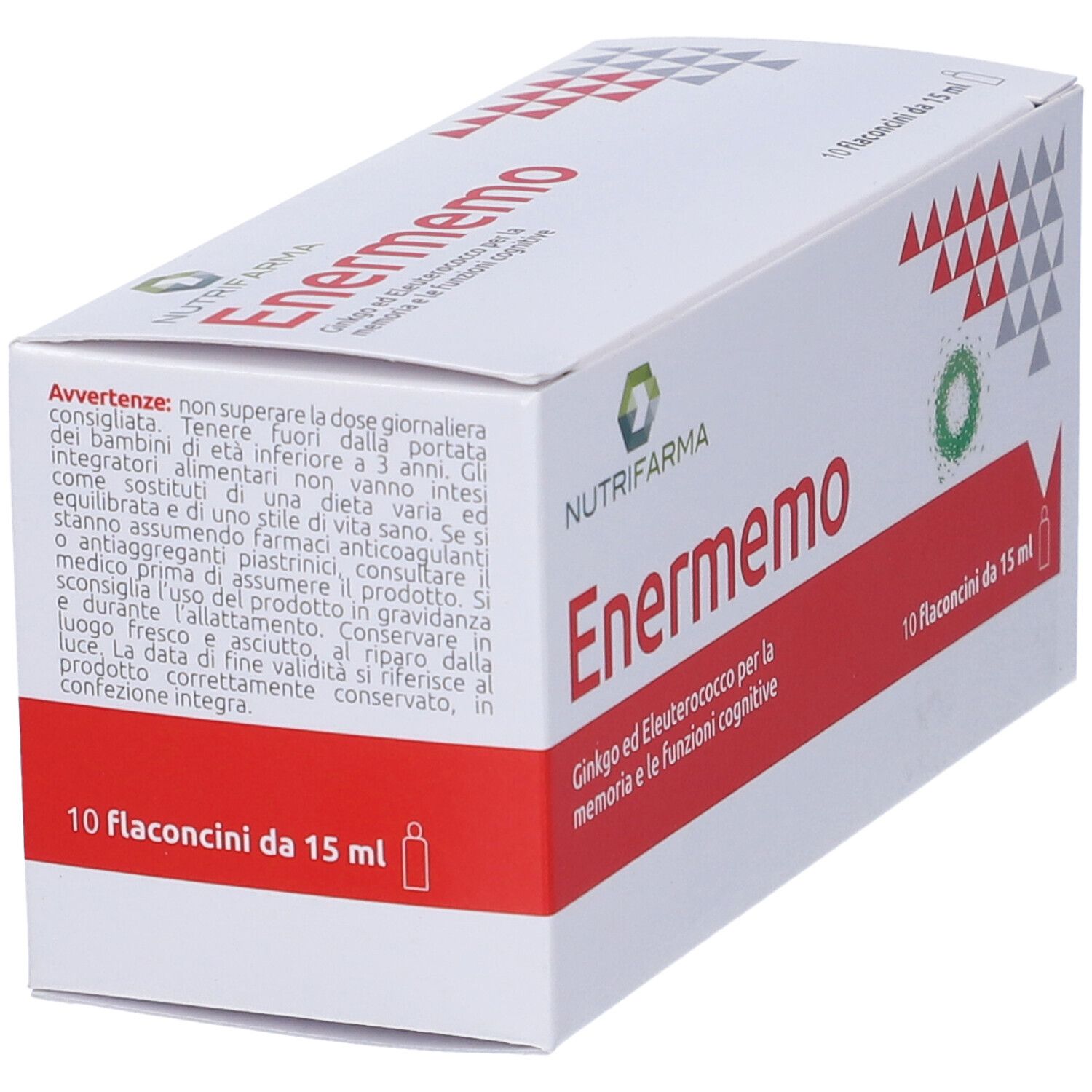 Scatola bianca inclinata con testo rosso. Scritto: Enermemo, 10 flaconcini da 15 ml. Logo: Nutrifarma.
