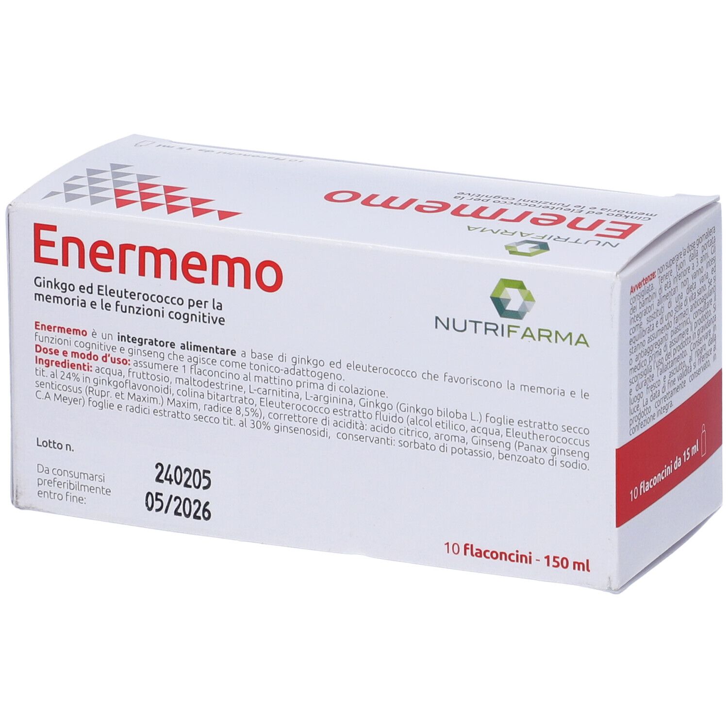 Scatola bianca con testo rosso. Scritto: Enermemo, 10 flaconcini da 15 ml. Contiene 150 ml.
