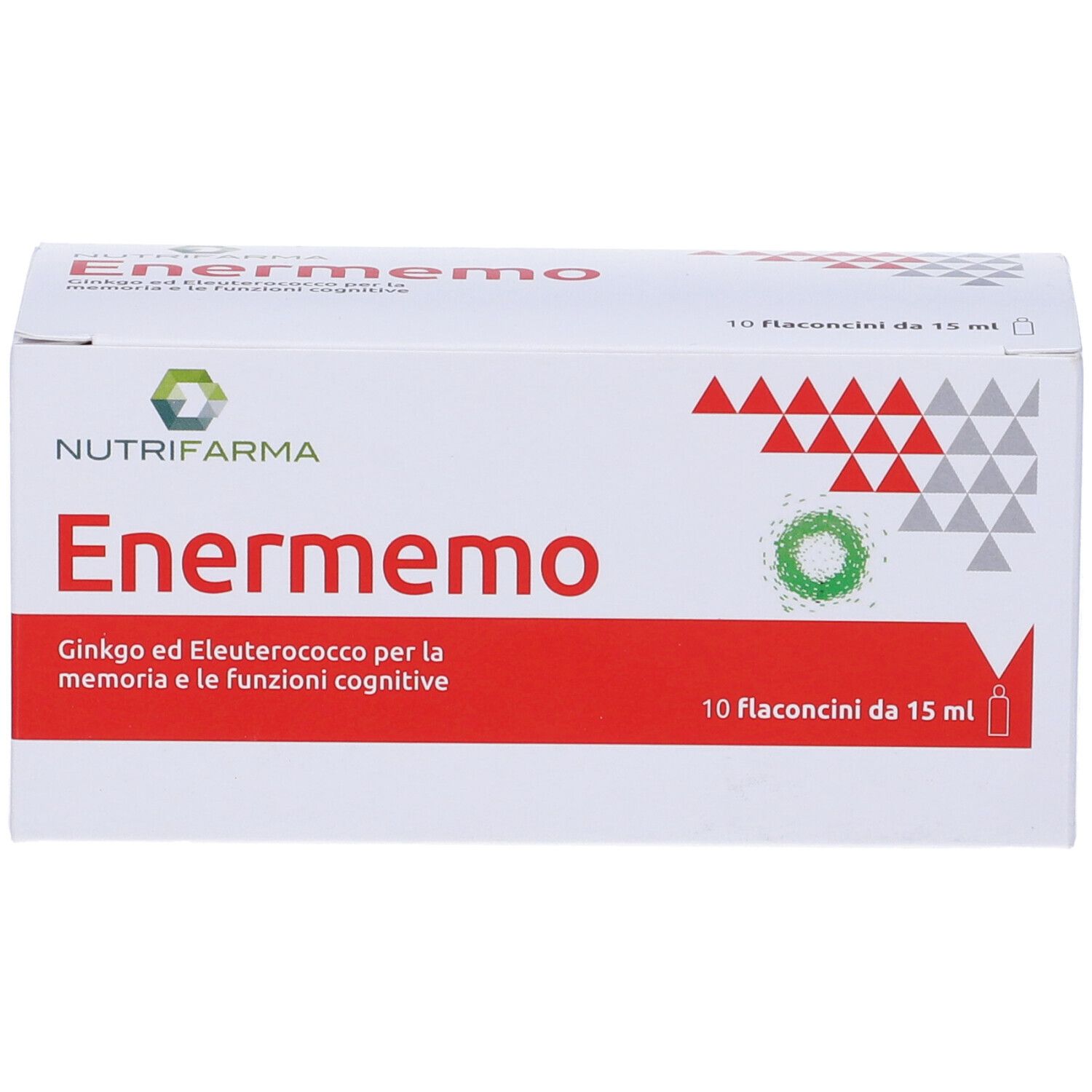 Scatola bianca con testo rosso. Scritto: Enermemo, 10 flaconcini da 15 ml. Logo: Nutrifarma.