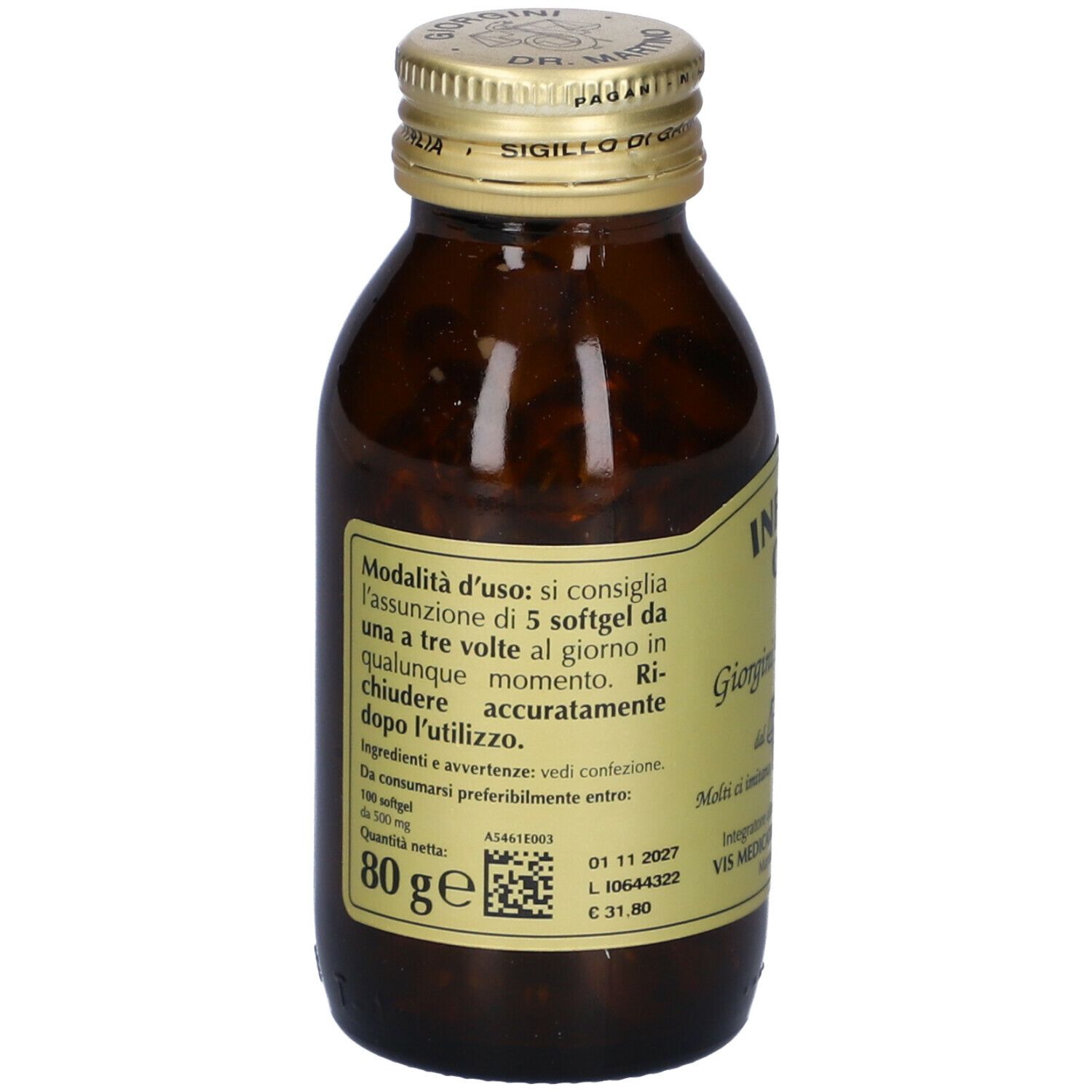 Bottiglia di vetro marrone con tappo dorato ed etichetta. Testo e codice QR sull'etichetta. Scritta: Infevis Oil.