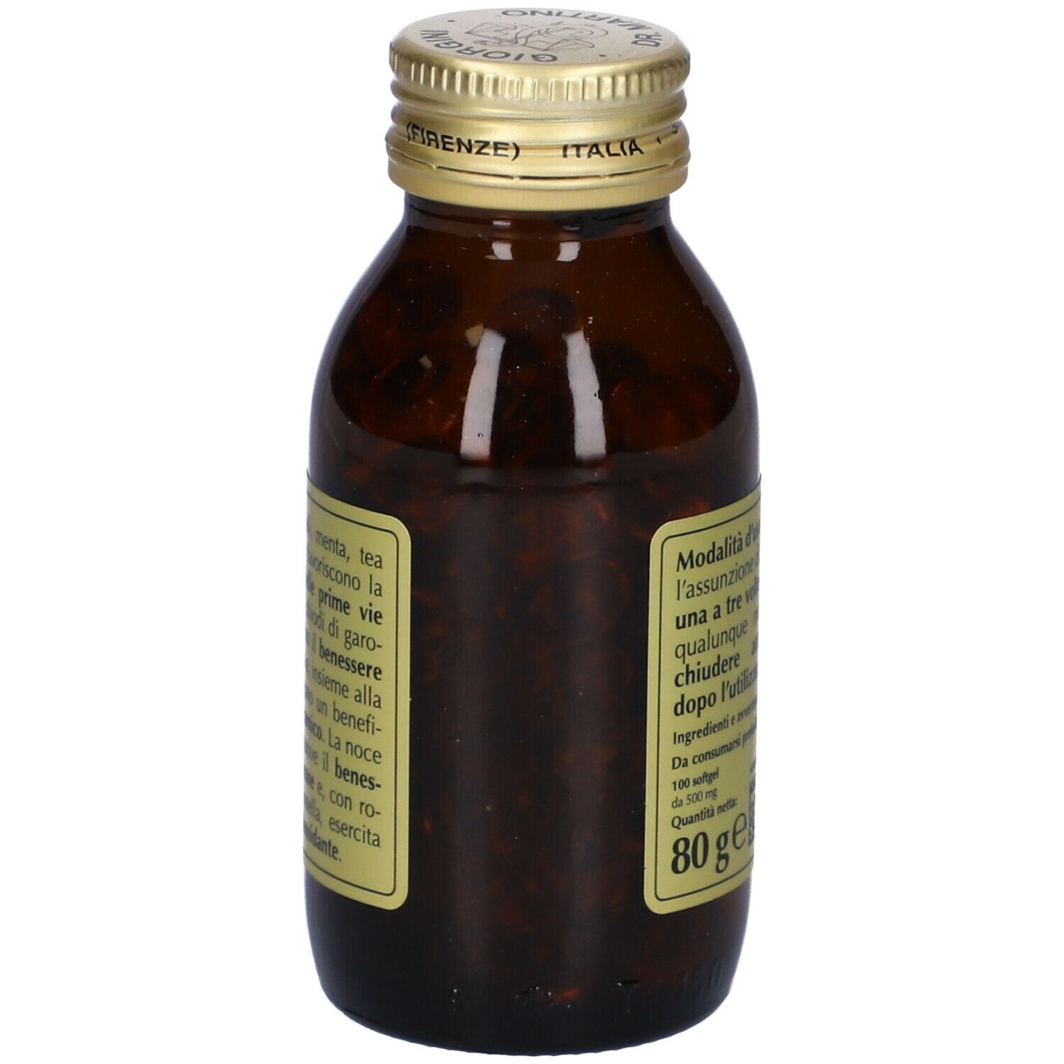 Bottiglia di vetro marrone con tappo dorato ed etichetta. Testo sull'etichetta. Scritta: Infevis Oil.