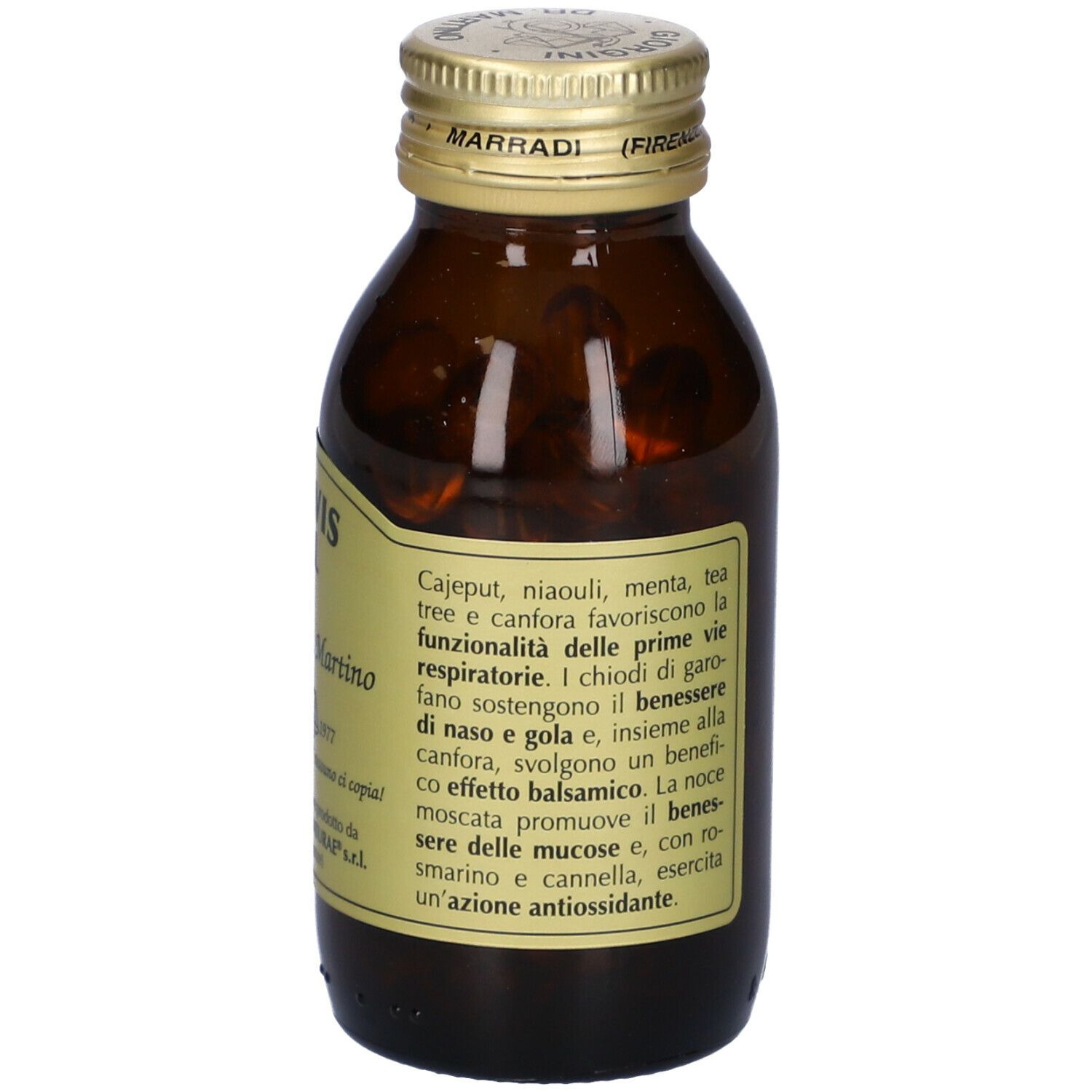 Bottiglia di vetro marrone con tappo dorato ed etichetta. Testo sull'etichetta. Scritta: Infevis Oil.