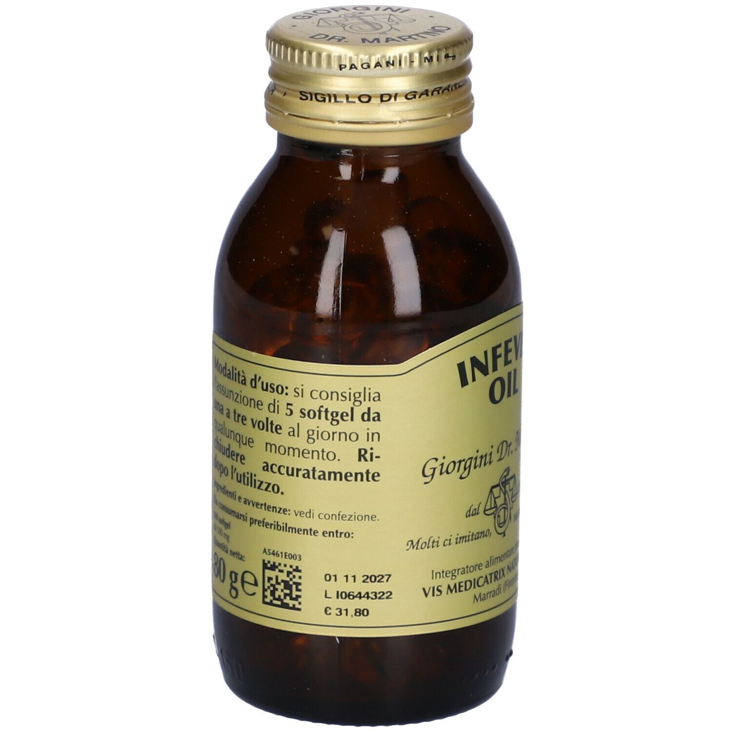 Bottiglia di vetro marrone con tappo dorato ed etichetta. Testo sull'etichetta. Scritta: Infevis Oil.