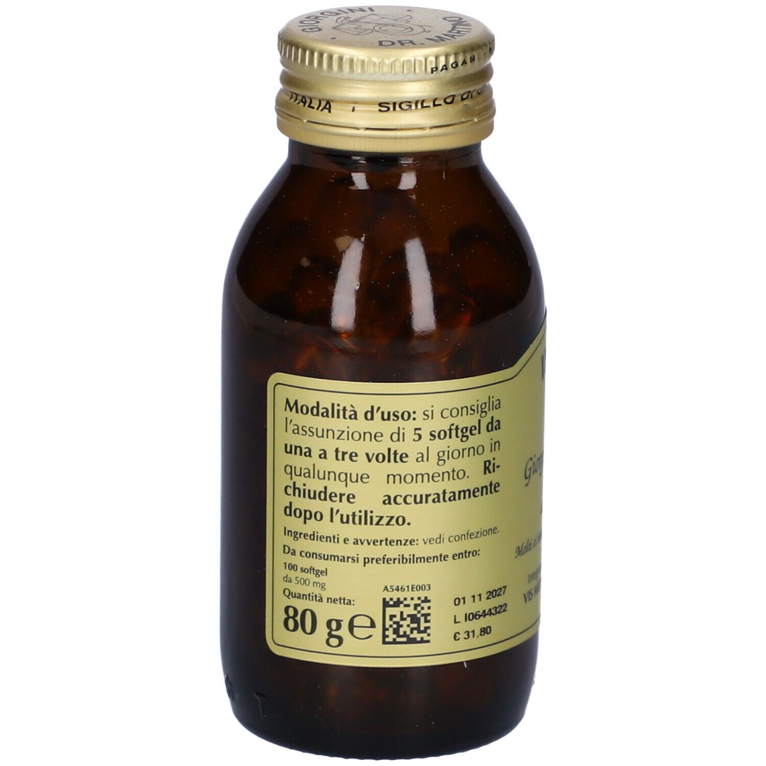 Bottiglia di vetro marrone con tappo dorato ed etichetta. Testo sull'etichetta. Scritta: Infevis Oil.