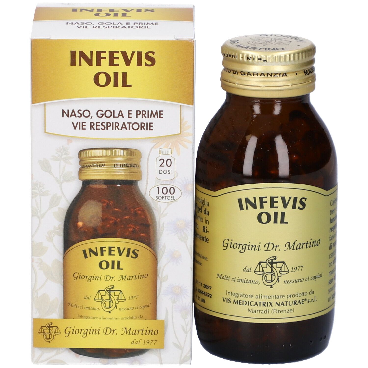 Confezione del prodotto e bottiglia di vetro marrone con tappo dorato. Scritta: Infevis Oil, Naso, Gola e Prime Vie Respiratorie.