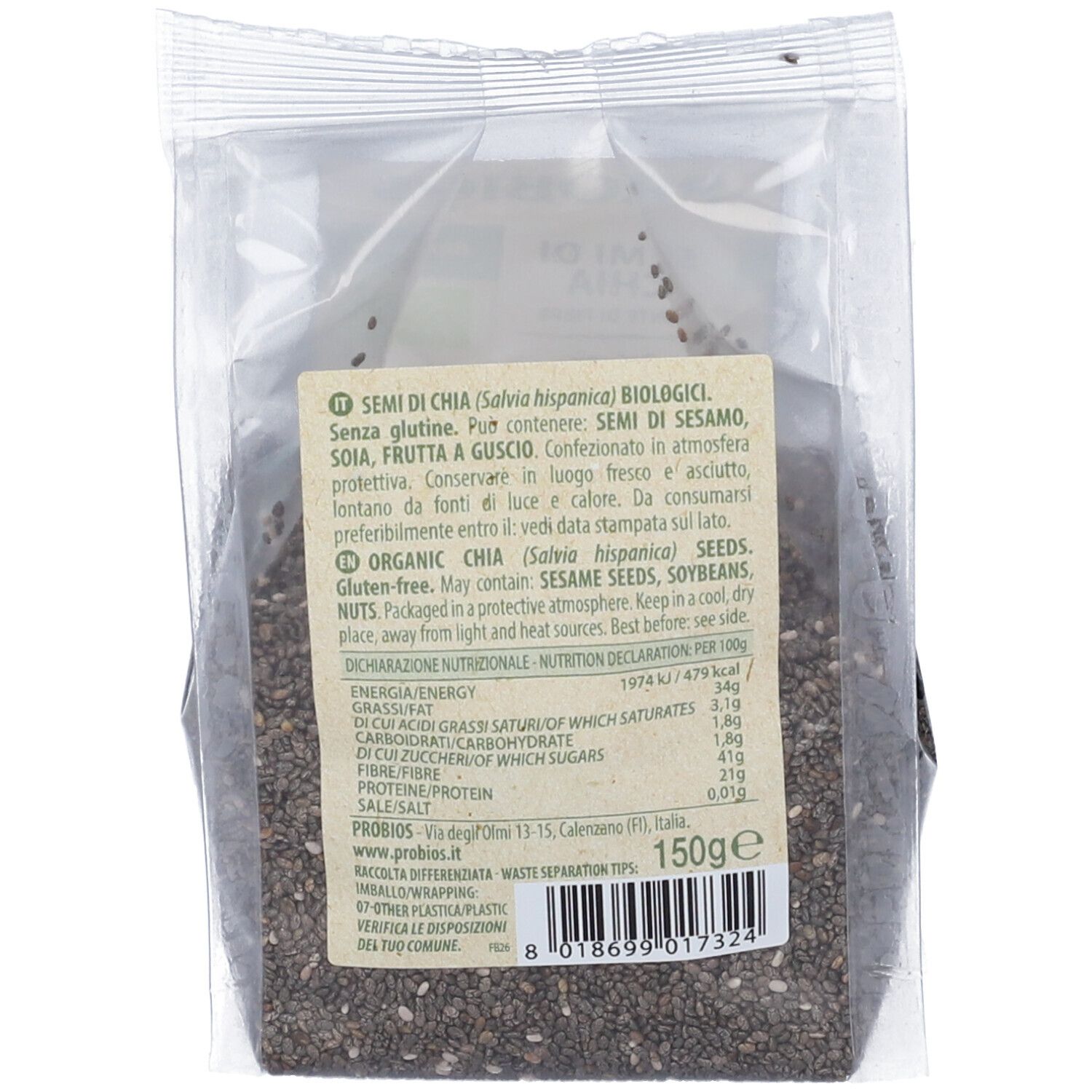 Semi di Chia biologici Probios 150g, informazioni nutrizionali e marchio biologico.