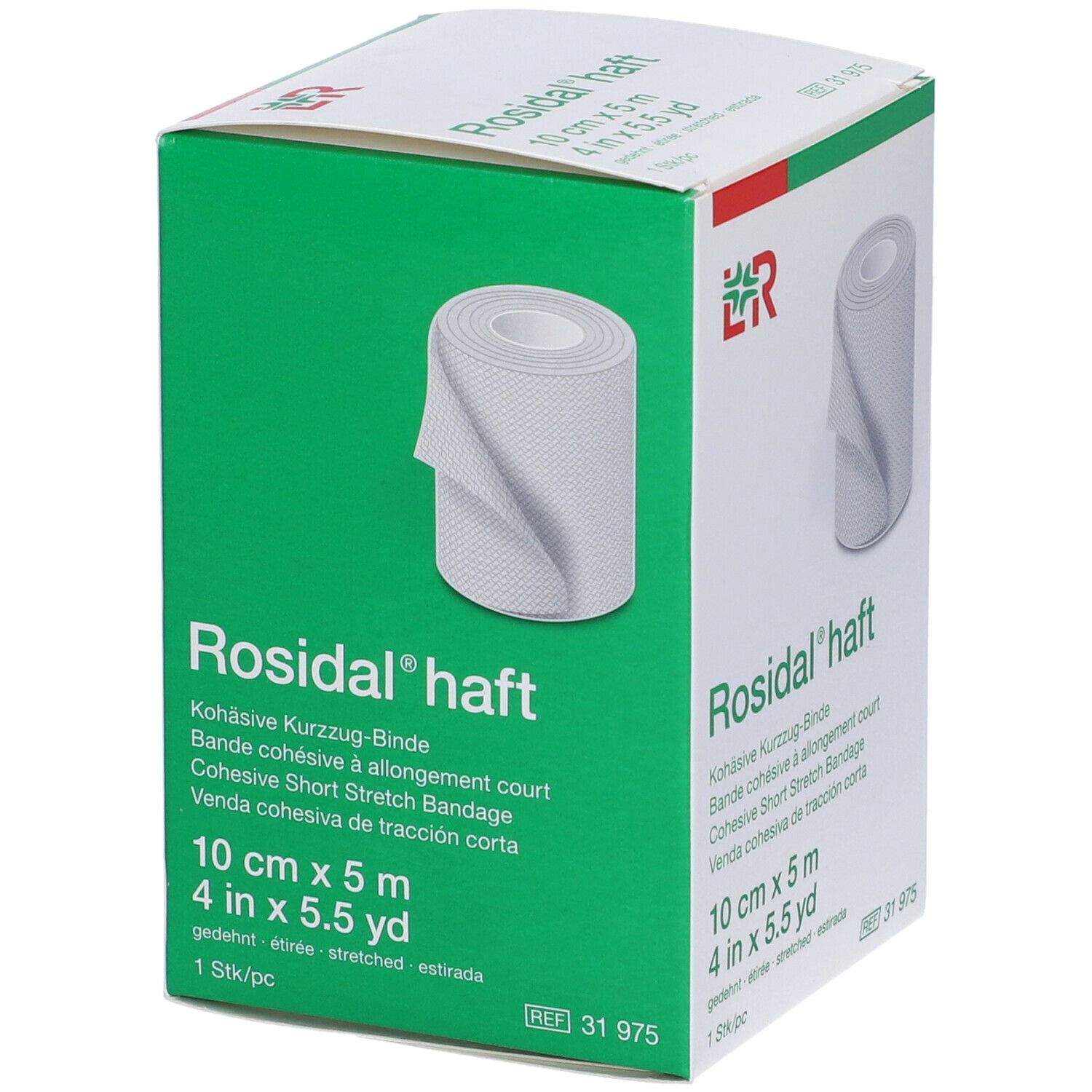 Confezione verde di Rosidal® haft. Benda coesiva, 10 cm x 5 m. Logo LR. Benda bianca.