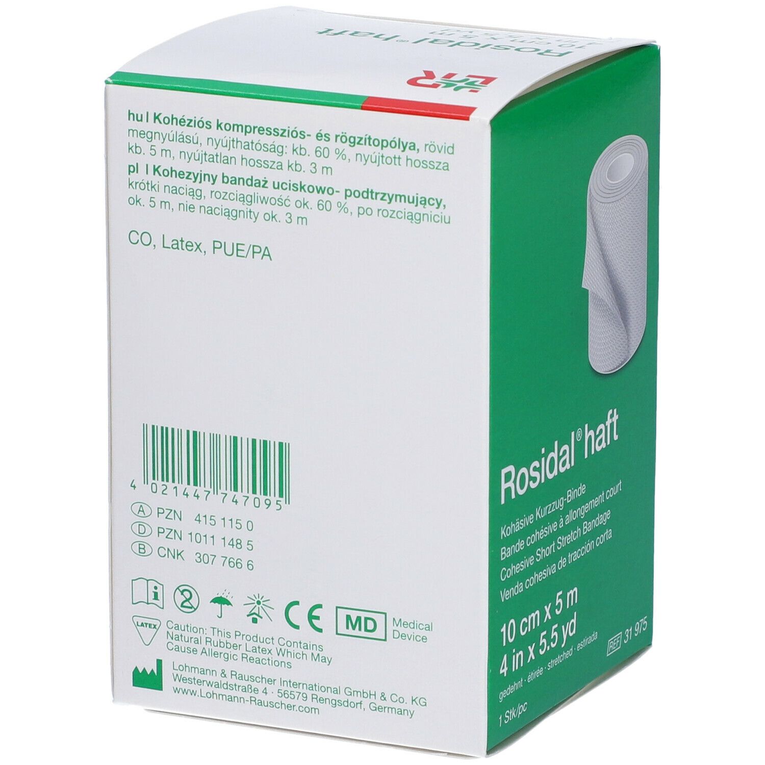 Retro confezione Rosidal® haft. Informazioni prodotto, codice a barre, marchio CE, simbolo MD. Testo multilingue.
