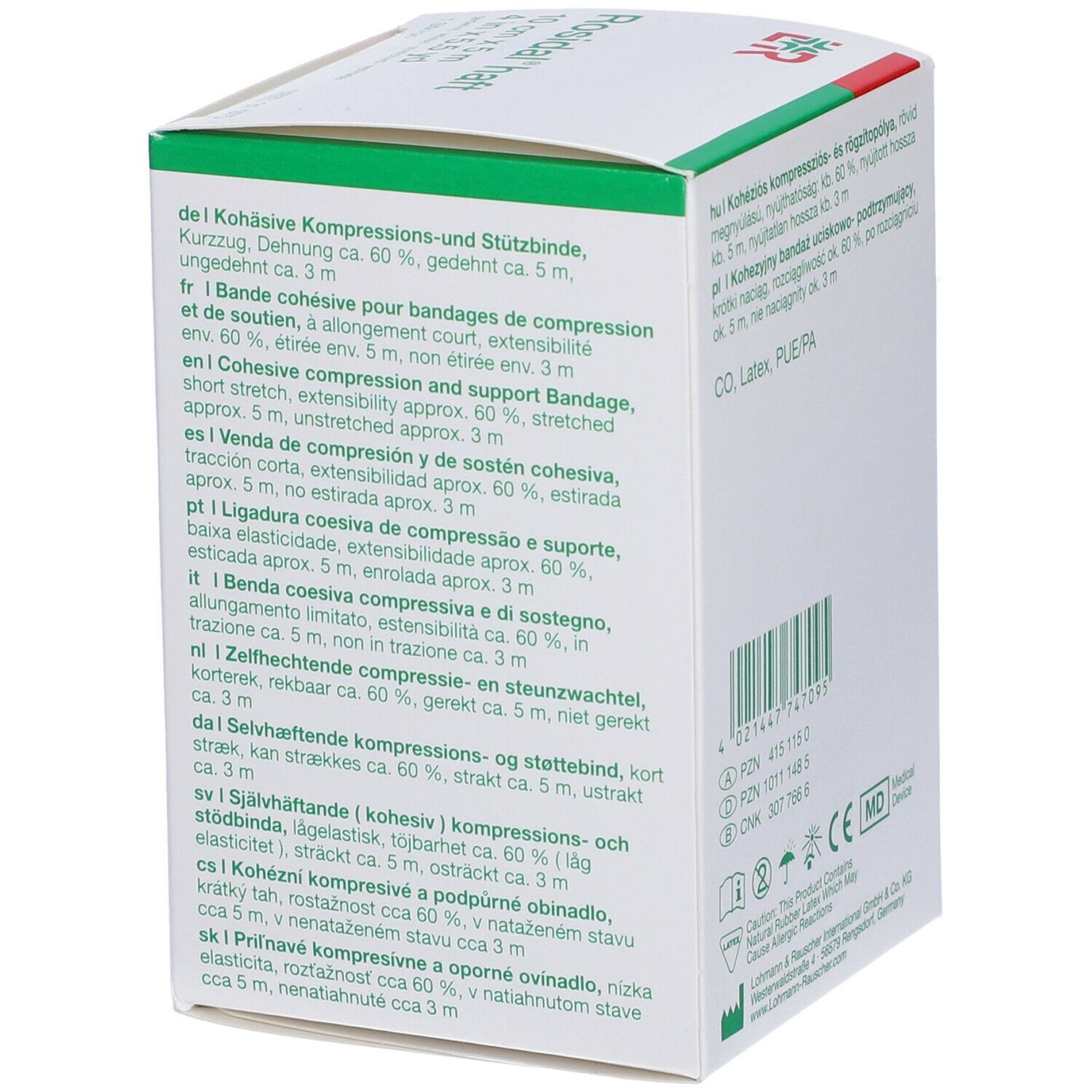Confezione Rosidal® haft. Testo multilingue. Benda coesiva, 10 cm x 5 m. Marchio CE.