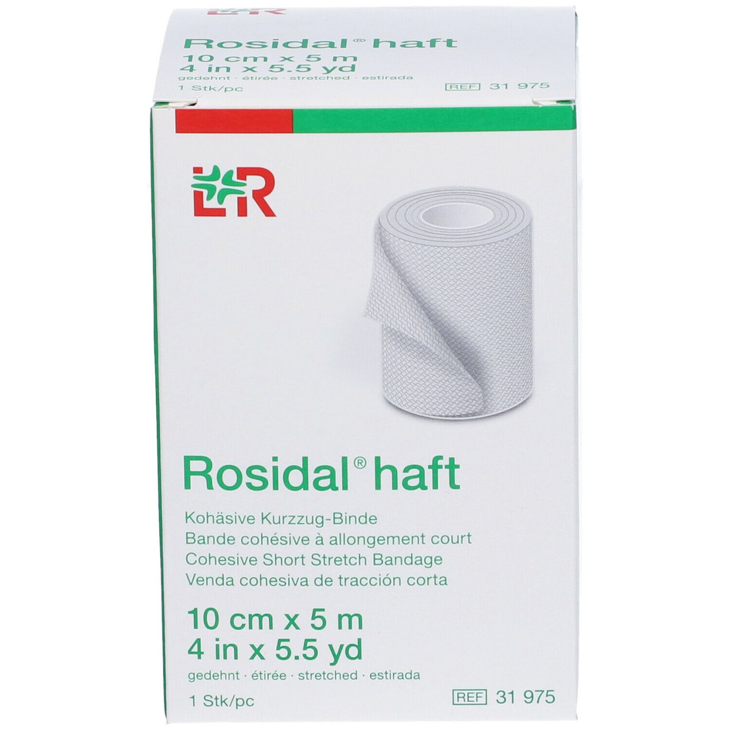 Confezione di Rosidal® haft. Benda coesiva a breve allungamento, 10 cm x 5 m. Logo LR. Benda bianca.