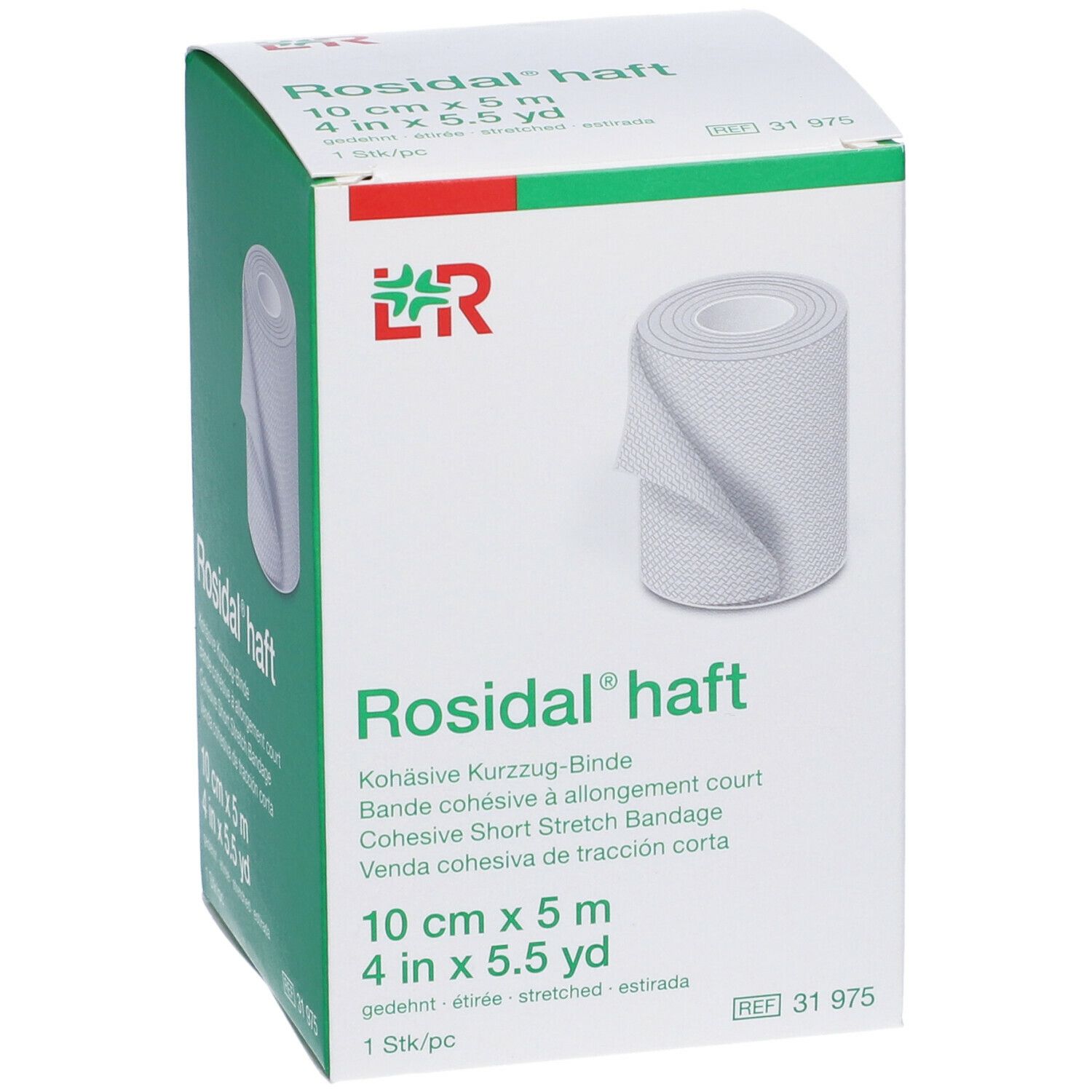 Confezione verde di Rosidal® haft. Benda coesiva, 10 cm x 5 m. Logo LR. Benda bianca.