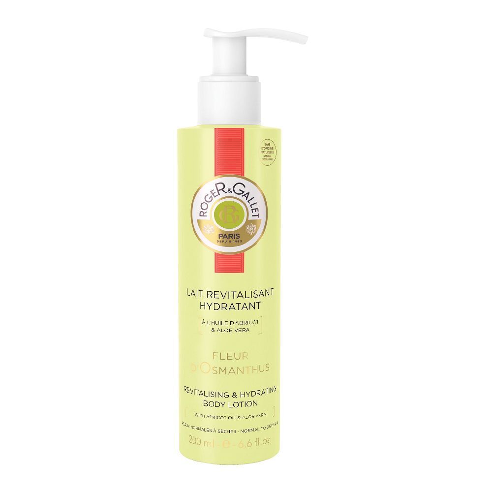 Lozione per il corpo con dispenser. Scritta: Roger&Gallet, Fleur d'Osmanthus. Rivitalizzante e idratante. Con olio di albicocca e aloe vera.