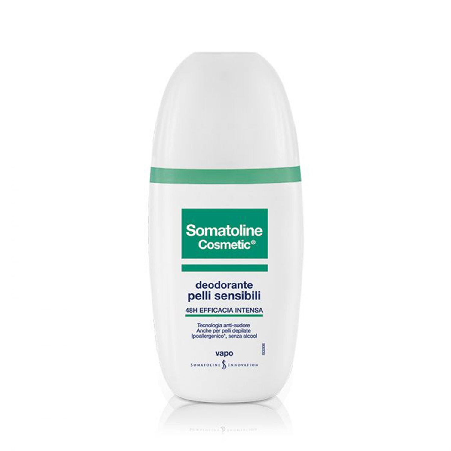Roll-on deodorante bianco con fascia verde. Scritta: Somatoline Cosmetic, deodorante pelli sensibili, efficacia 48h.