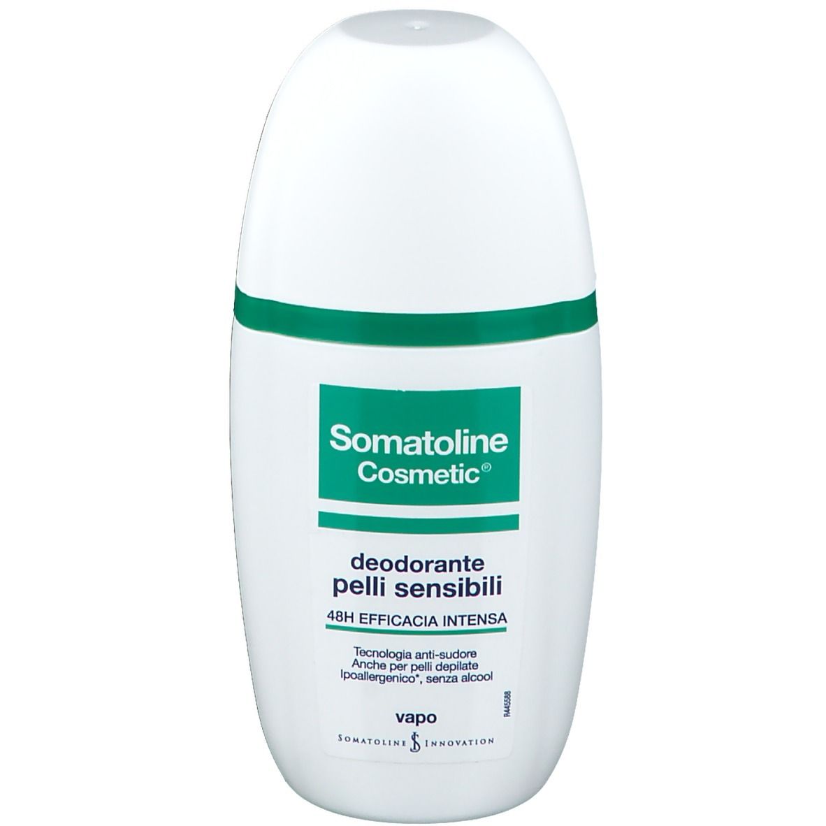 Roll-on deodorante bianco con fascia verde. Scritta: Somatoline Cosmetic, deodorante pelli sensibili, efficacia 48h.