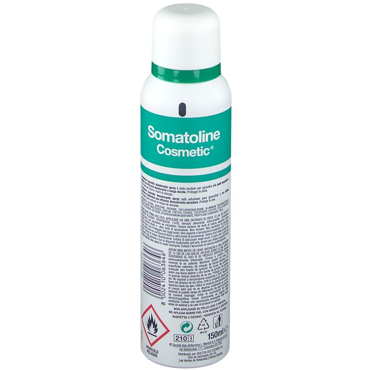 Spray deodorante, retro. Flacone bianco con etichetta verde. Testo: Somatoline Cosmetic. Avvertenza: facilmente infiammabile.