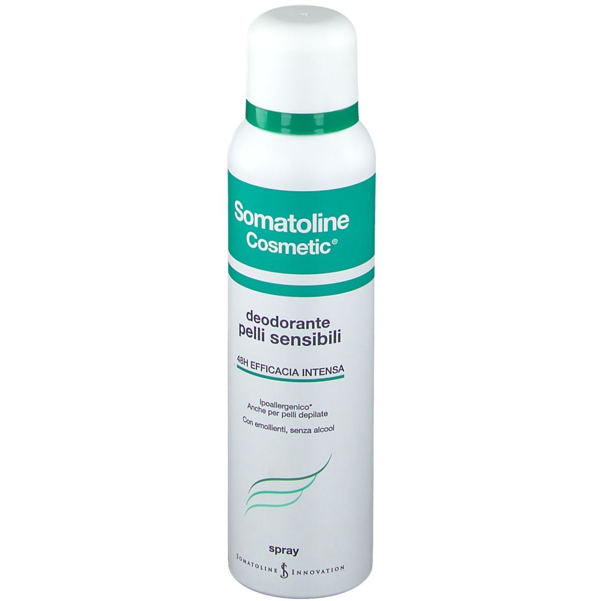 Spray deodorante per pelli sensibili. Flacone bianco con etichetta verde. Testo: Somatoline Cosmetic, efficacia 48h.