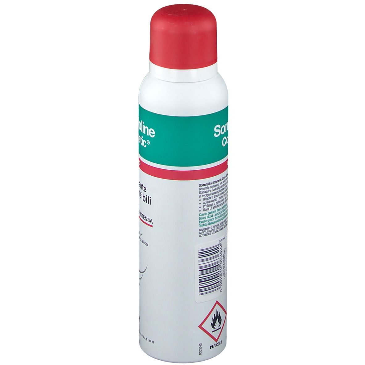 Deodorante, vista laterale. Contenitore bianco con tappo rosso. Scritta verde e rossa. Avvertenze e codice a barre.