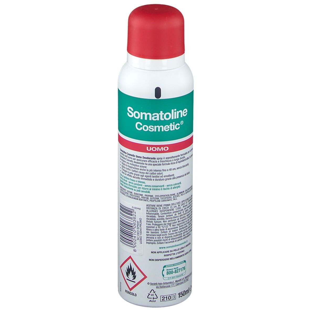 Deodorante, vista posteriore. Contenitore bianco con tappo rosso. Scritta verde e rossa. Informazioni testuali e avvertenze.