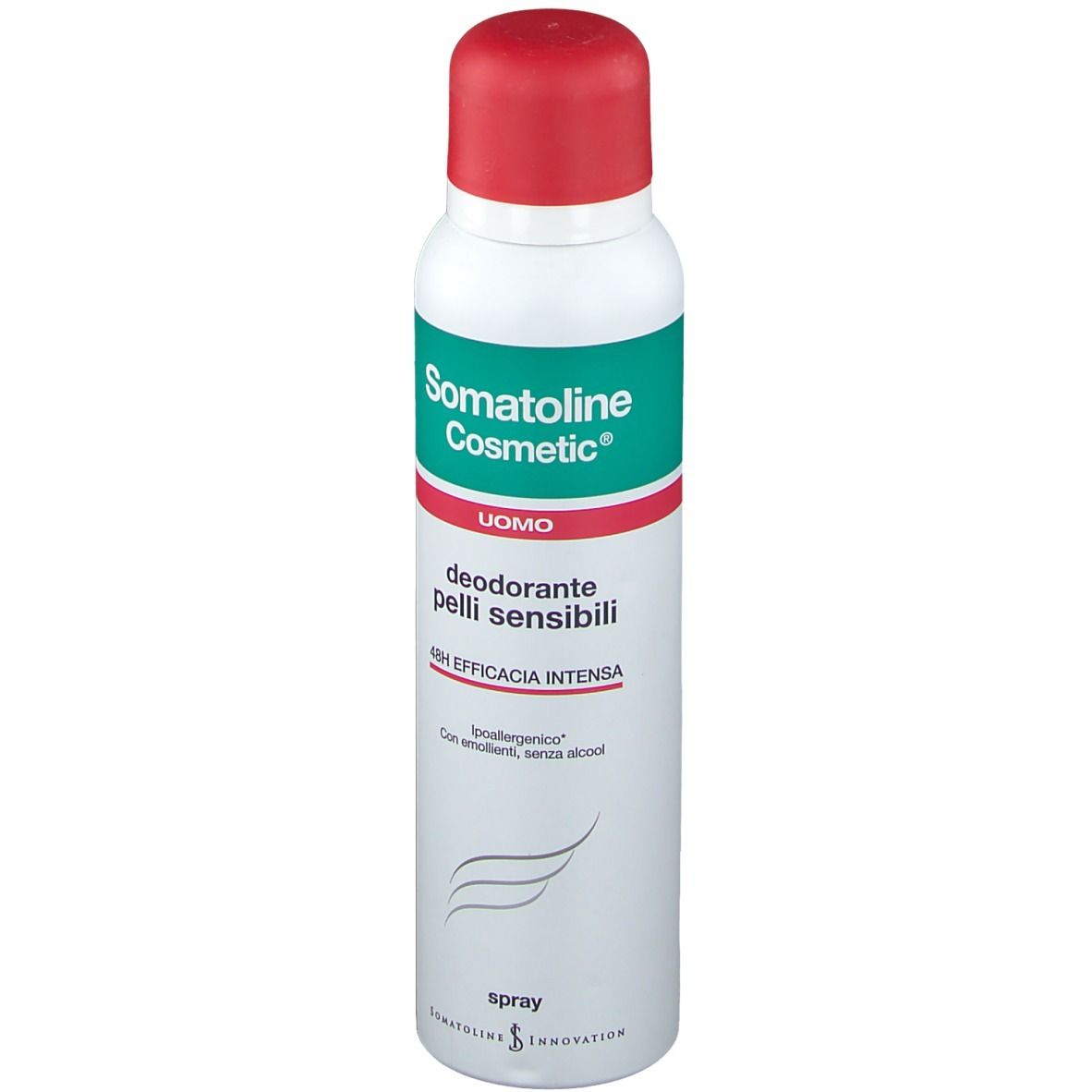 Deodorante per pelli sensibili. Contenitore bianco con tappo rosso. Scritta verde e rossa. Marchio Somatoline Cosmetic.