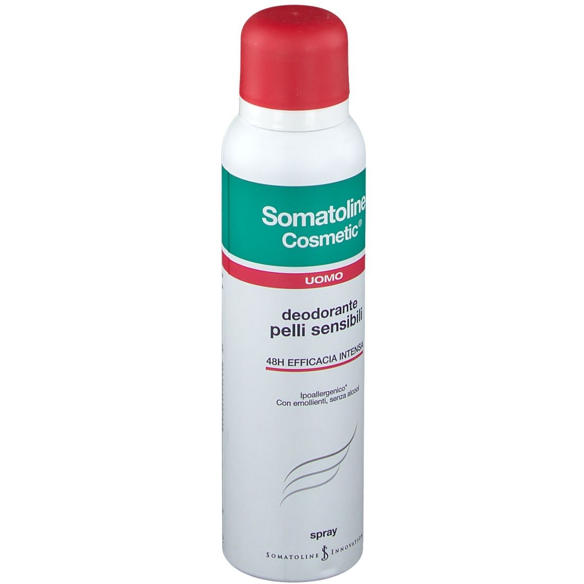 Deodorante per pelli sensibili. Contenitore bianco con tappo rosso. Scritta verde e rossa. Marchio Somatoline Cosmetic.