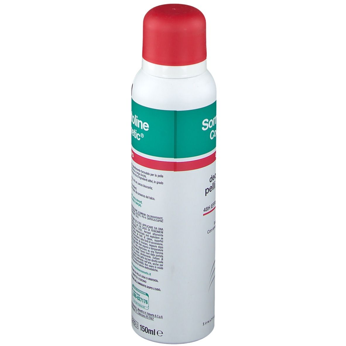 Deodorante, vista laterale. Contenitore bianco con tappo rosso. Scritta verde e rossa. Avvertenze e codice a barre.