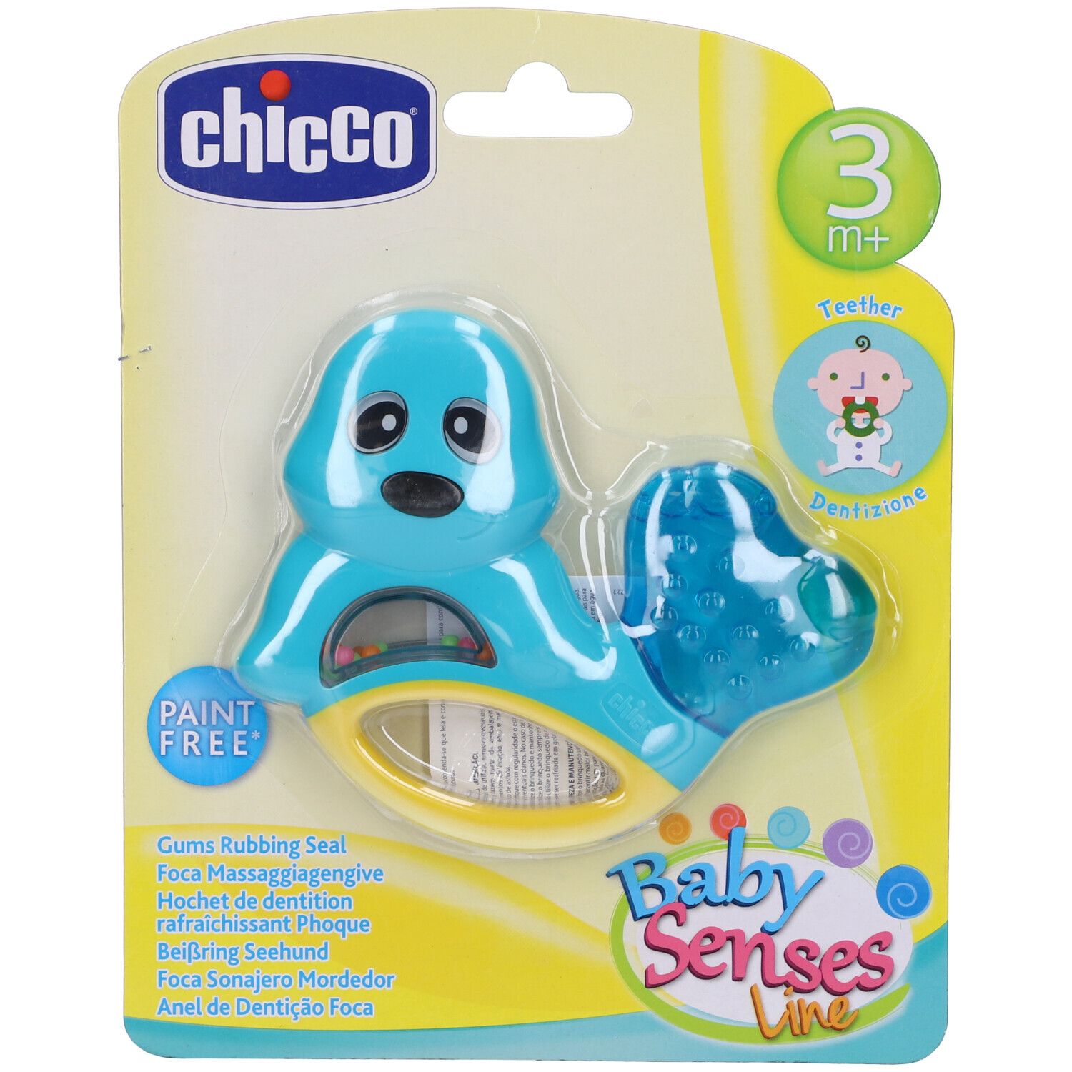 Massaggiagengive blu a forma di foca, confezionato. Marchio Chicco. Età 3m+. Testo: Baby Senses Line, Paint Free.