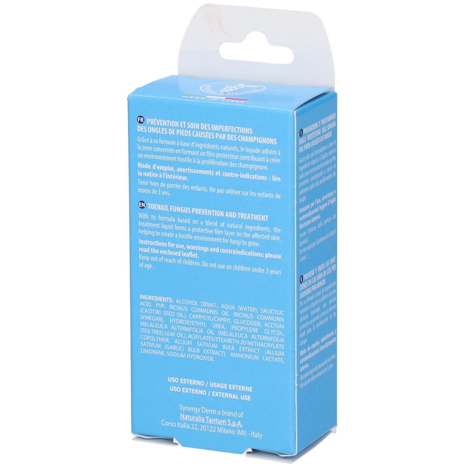 Retro della confezione blu di Miconail. Testo multilingue. Ingredienti e informazioni del produttore.