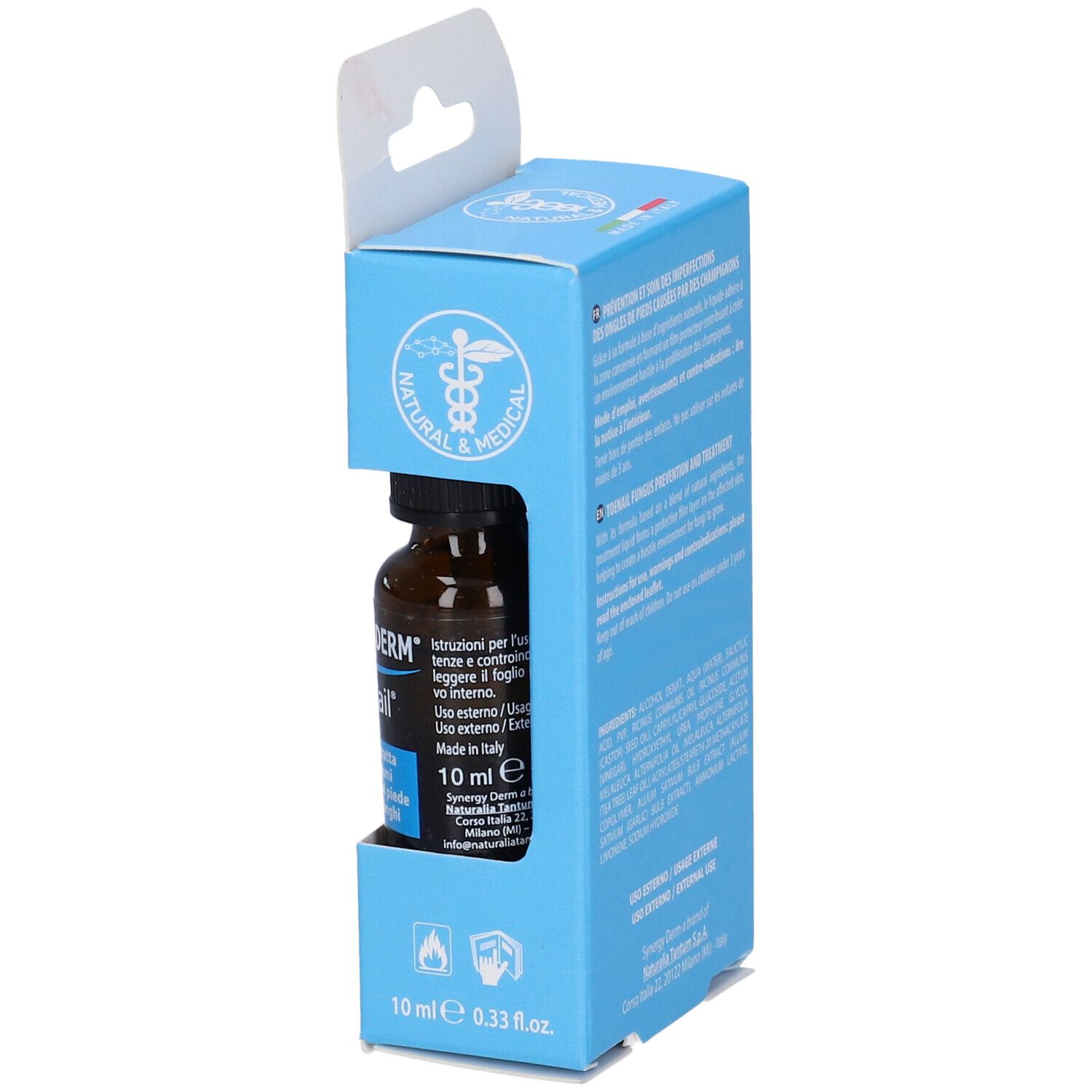 Scatola blu con flacone di Miconail. Flacone marrone con etichetta nera. 10 ml.