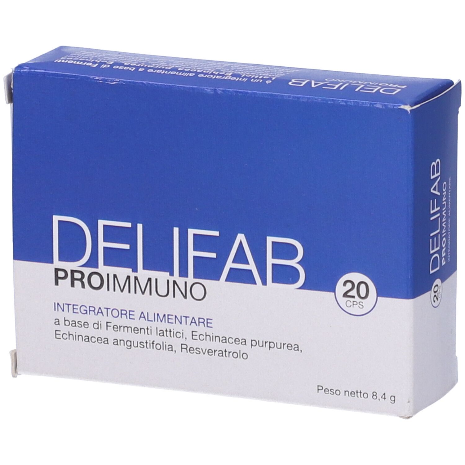 Scatola blu e bianca con DELIFAB PROIMMUNO e 20 cps. Contiene informazioni sugli ingredienti e il peso.