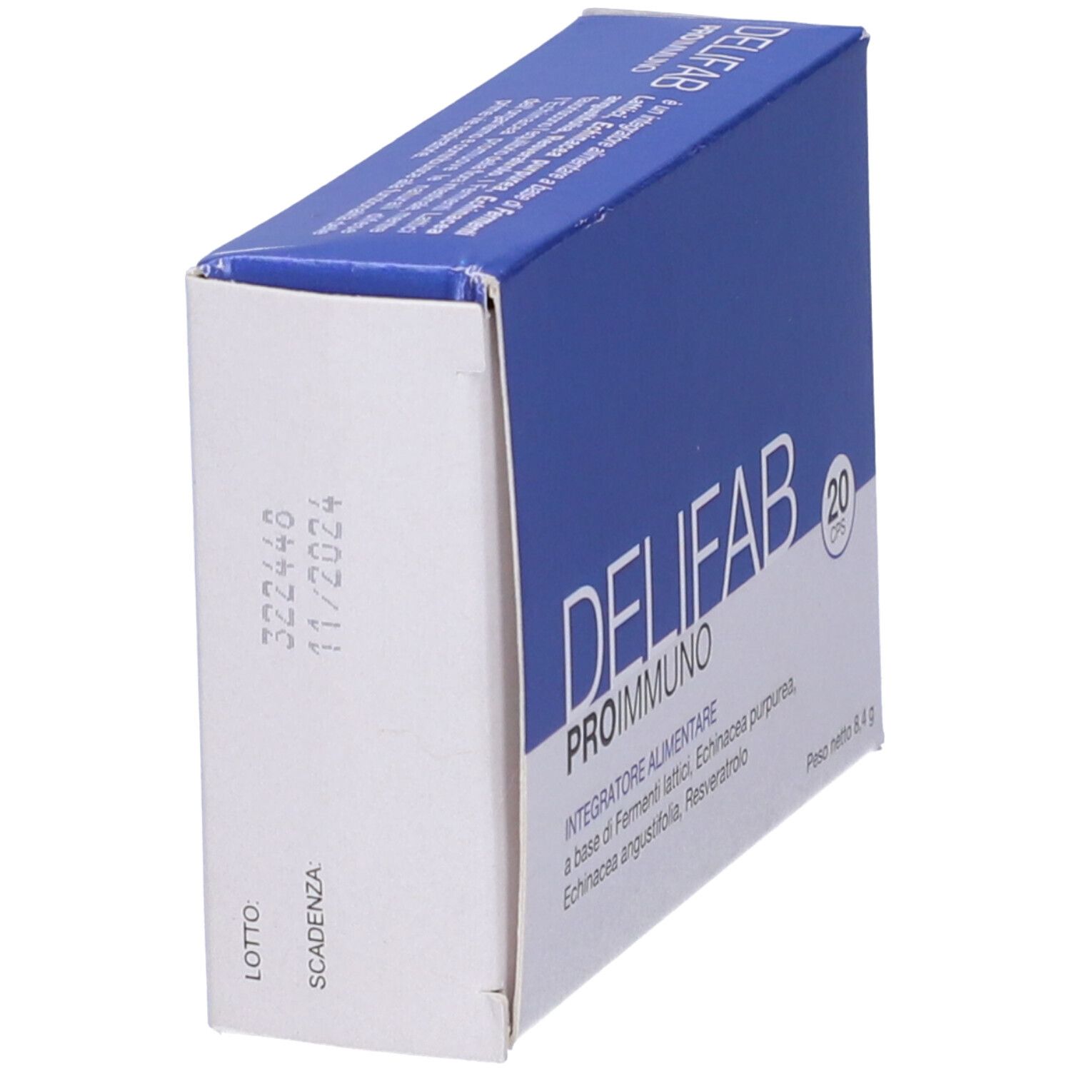 Scatola DELIFAB PROIMMUNO, confezione blu e bianca. Vista laterale, con data di scadenza.