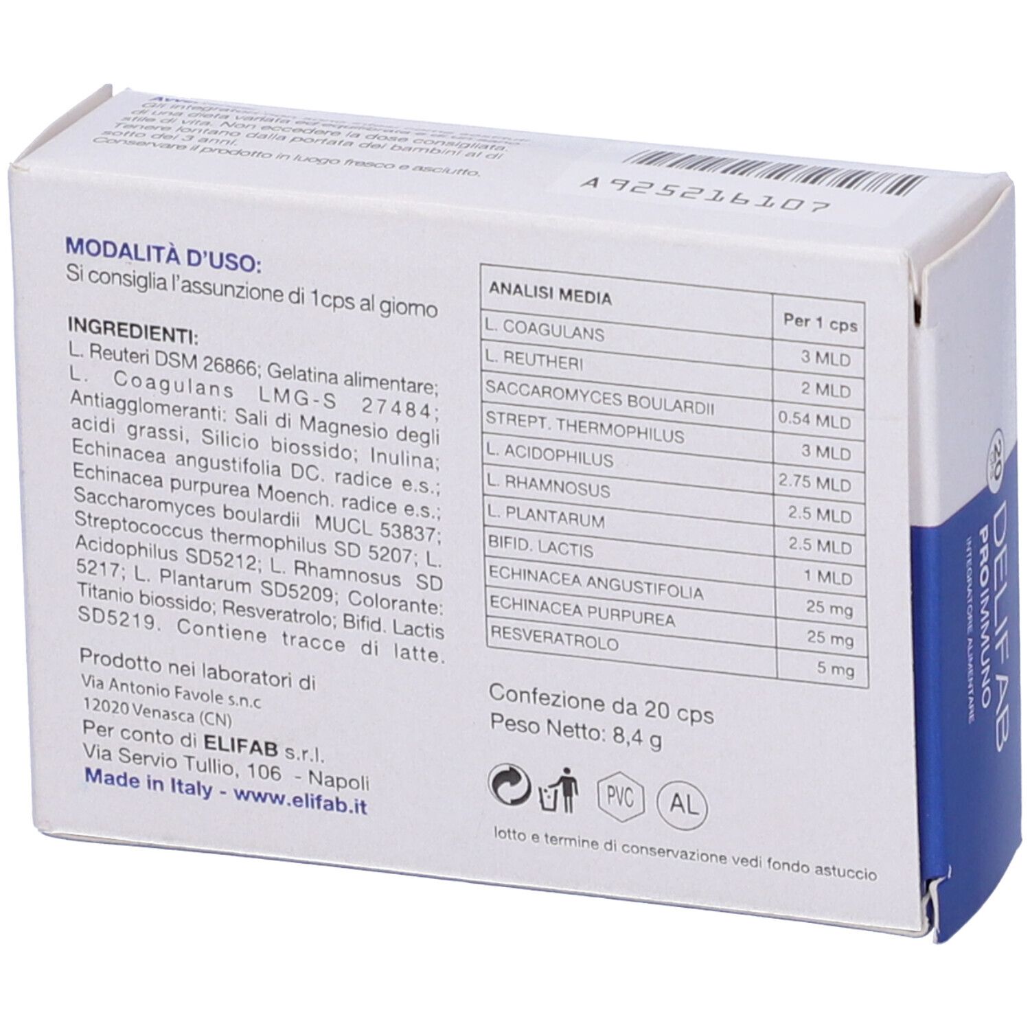 Retro della scatola DELIFAB PROIMMUNO. Contiene elenco ingredienti, analisi e informazioni produttore.