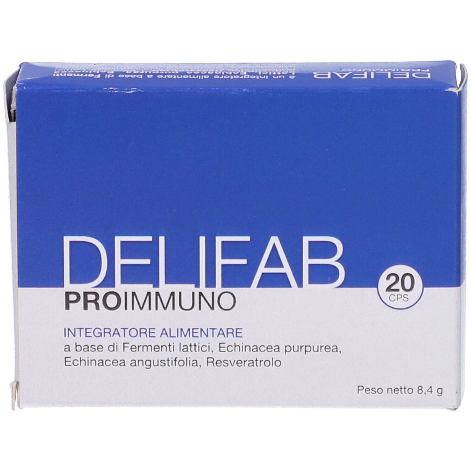 Scatola blu e bianca con DELIFAB PROIMMUNO e 20 cps. Contiene informazioni sugli ingredienti e il peso.