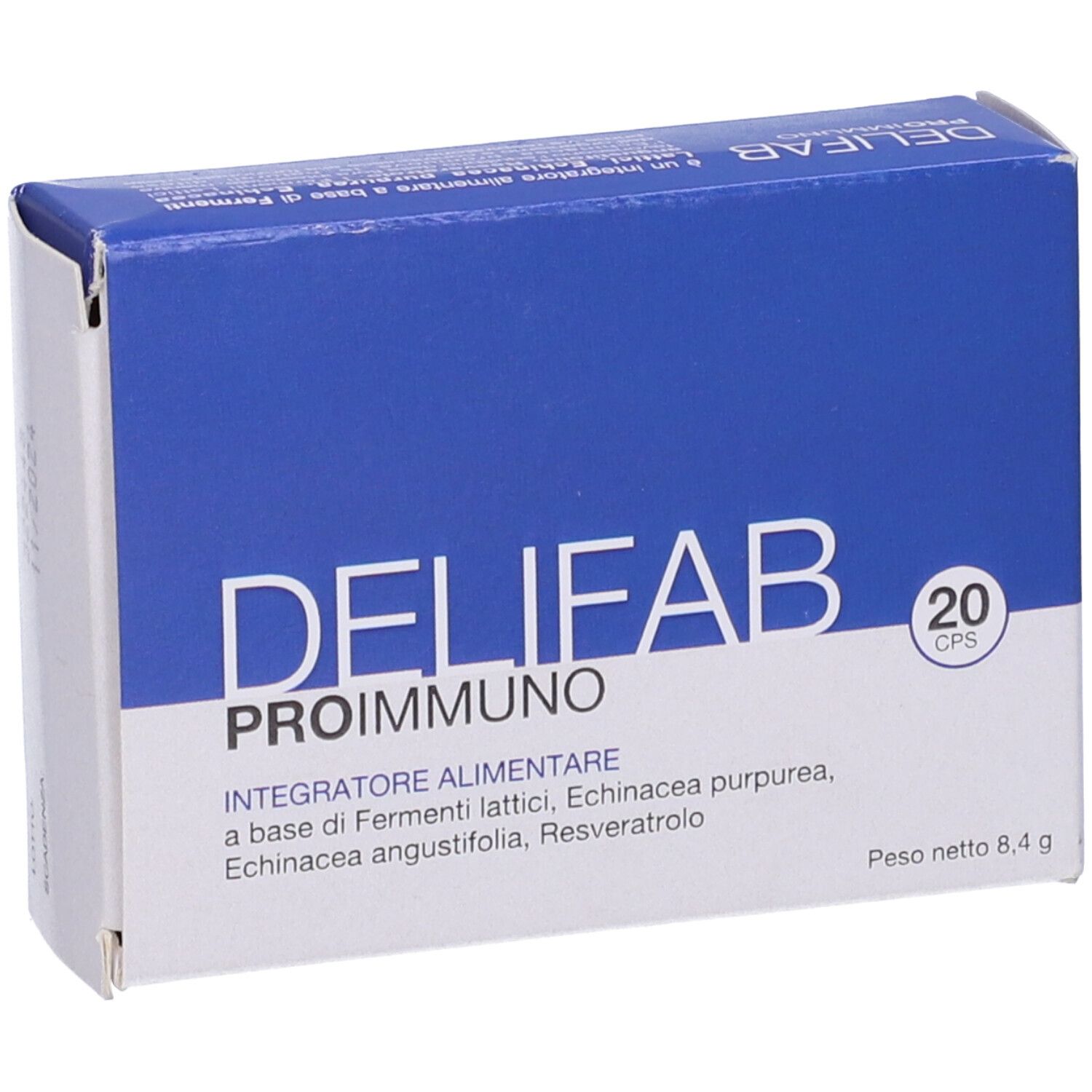 Scatola blu e bianca con DELIFAB PROIMMUNO e 20 cps. Contiene informazioni sugli ingredienti e il peso.