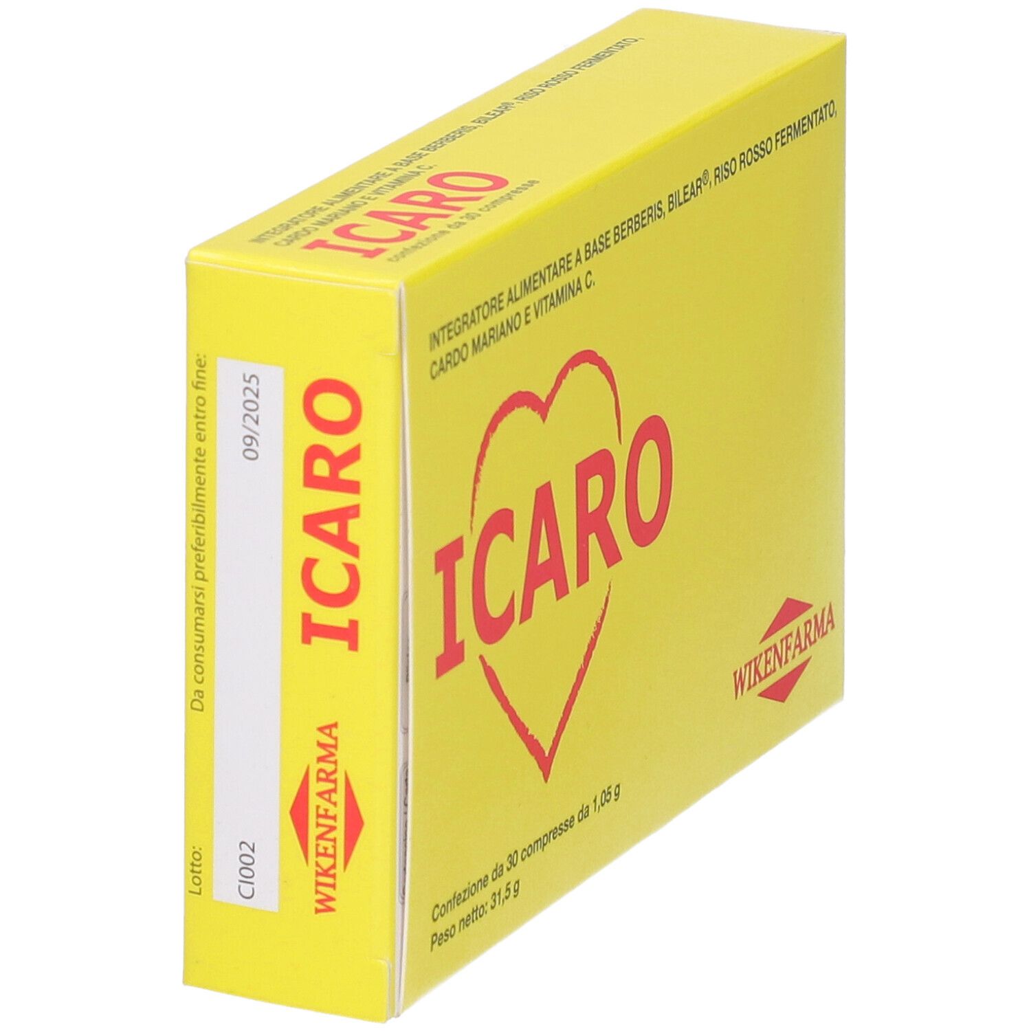 Scatola gialla con "ICARO" e cuore. Contiene 30 compresse. Marca: WIKENFARMA. Scadenza: 09/2025.