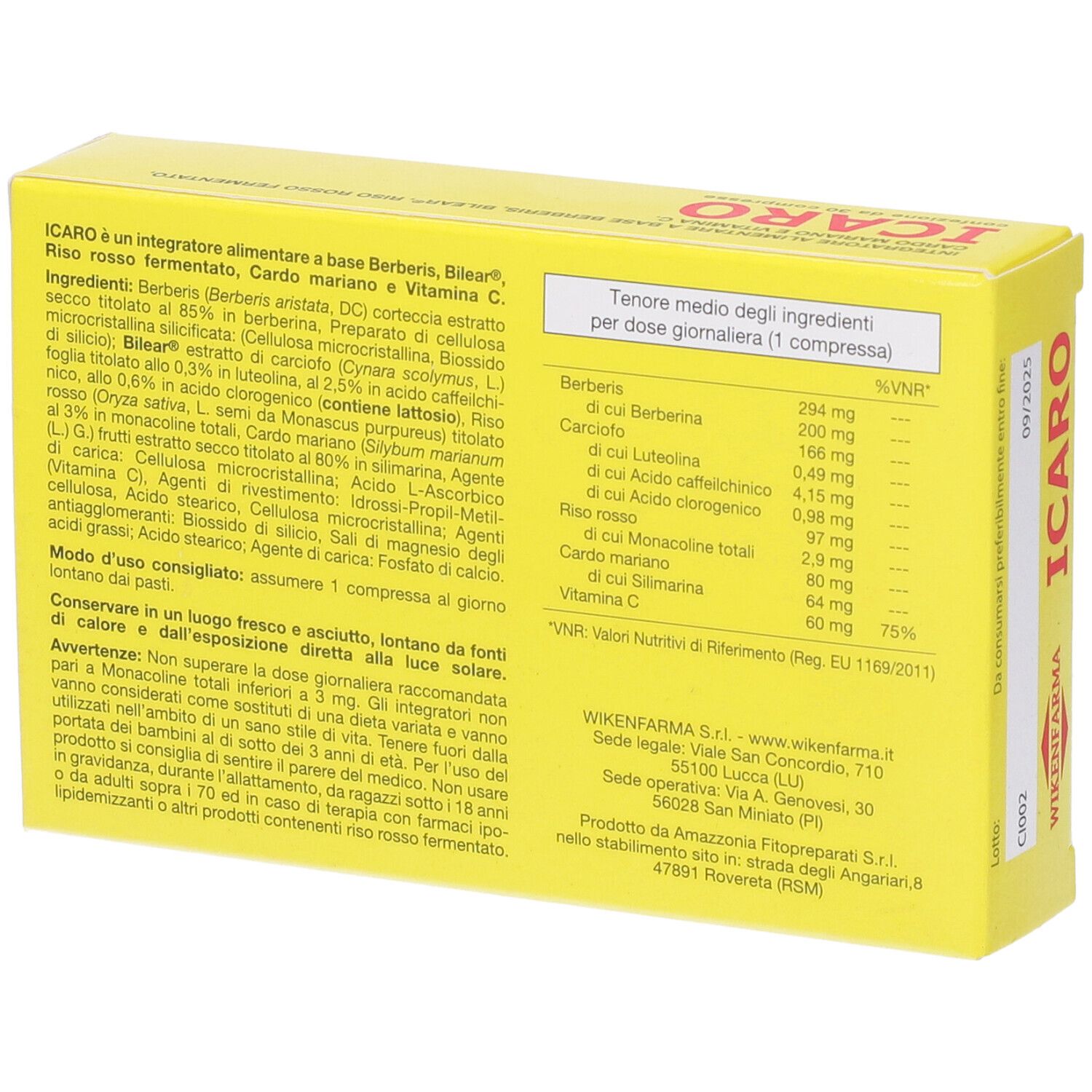 Scatola gialla con informazioni e tabella nutrizionale. Contiene compresse "ICARO". Marca: WIKENFARMA. Scadenza: 09/2025.