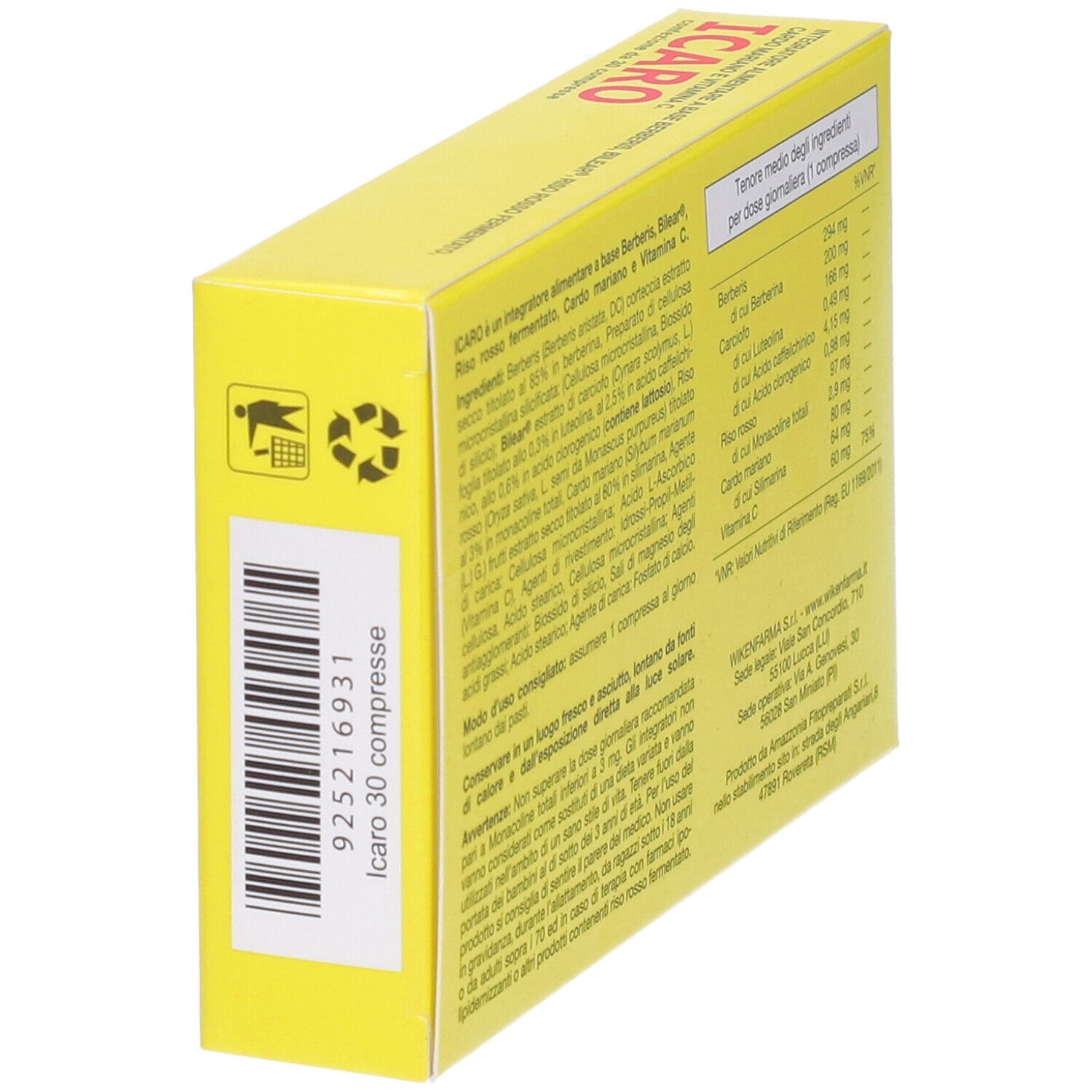 Scatola gialla con codice a barre e "ICARO 30 compresse". Contiene informazioni. Marca: WIKENFARMA.