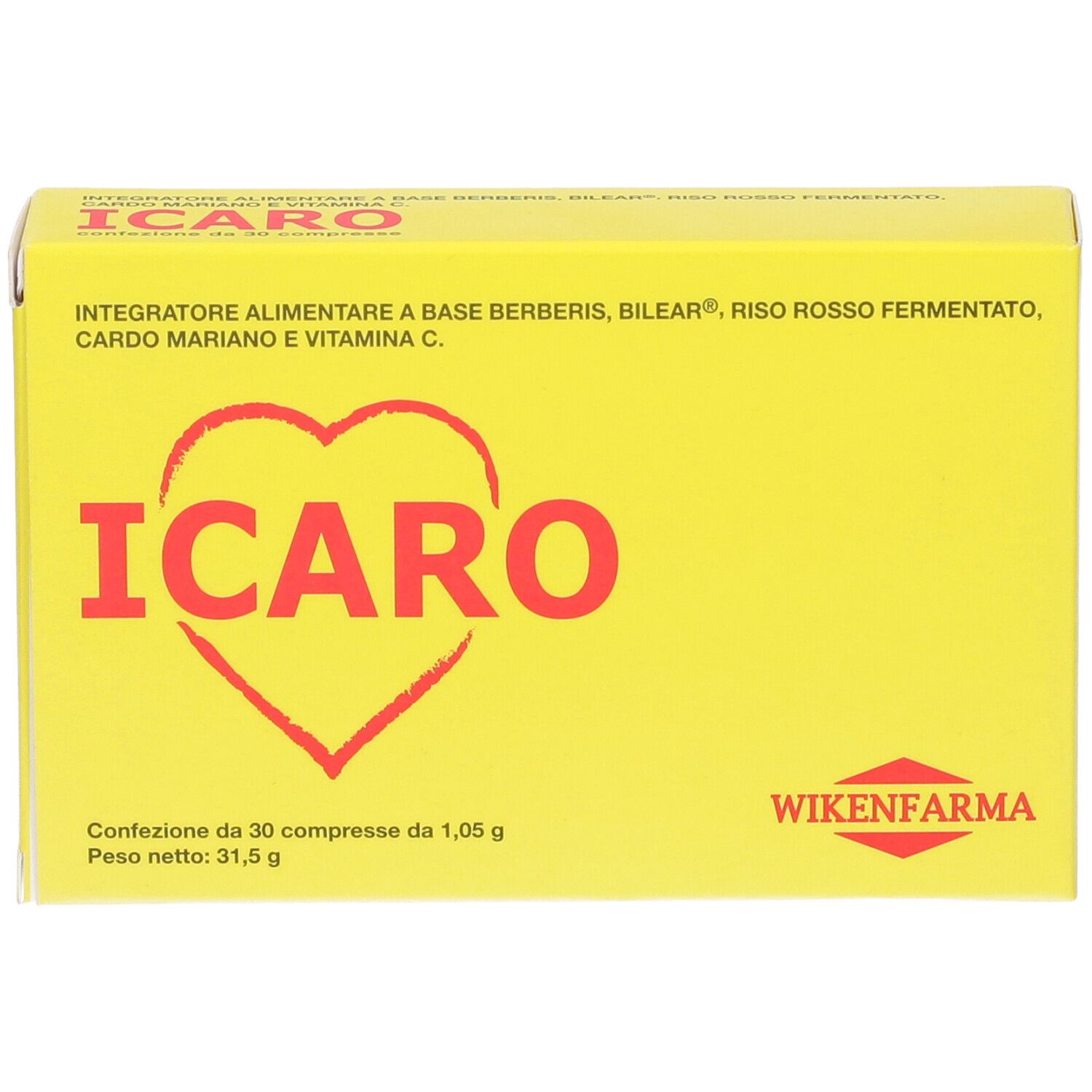 Scatola gialla con scritta "ICARO" rossa e cuore. Contiene 30 compresse. Marca: WIKENFARMA.