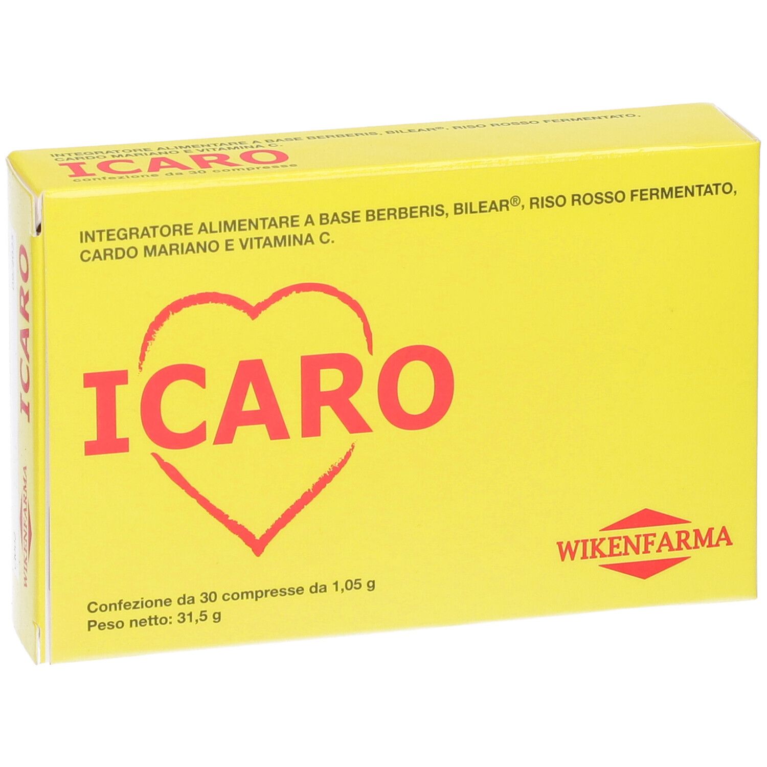 Scatola gialla con scritta "ICARO" rossa e cuore. Contiene 30 compresse. Marca: WIKENFARMA.