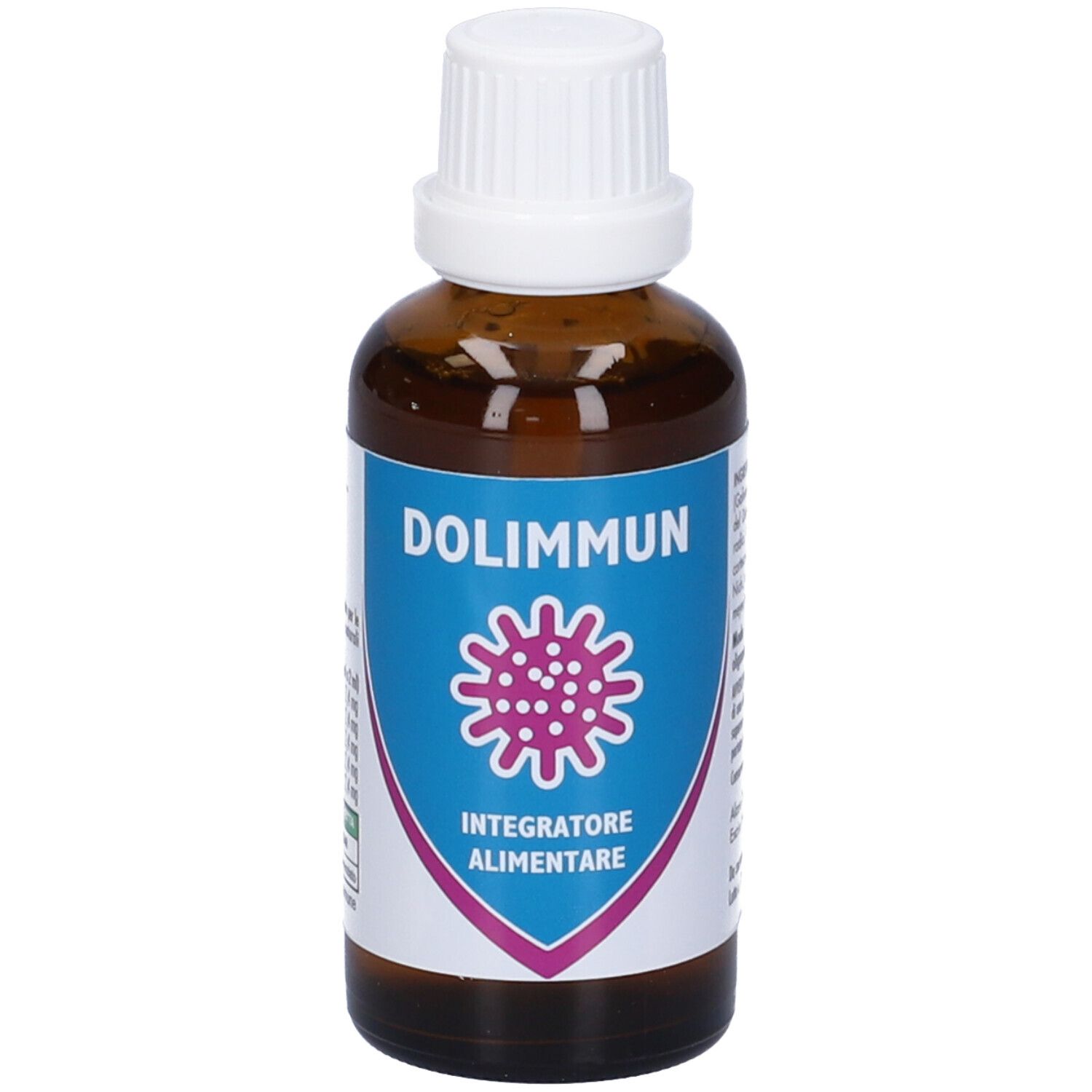 Flacone di vetro marrone con tappo bianco. Etichetta con nome e logo del prodotto. Testo: Integratore Alimentare.