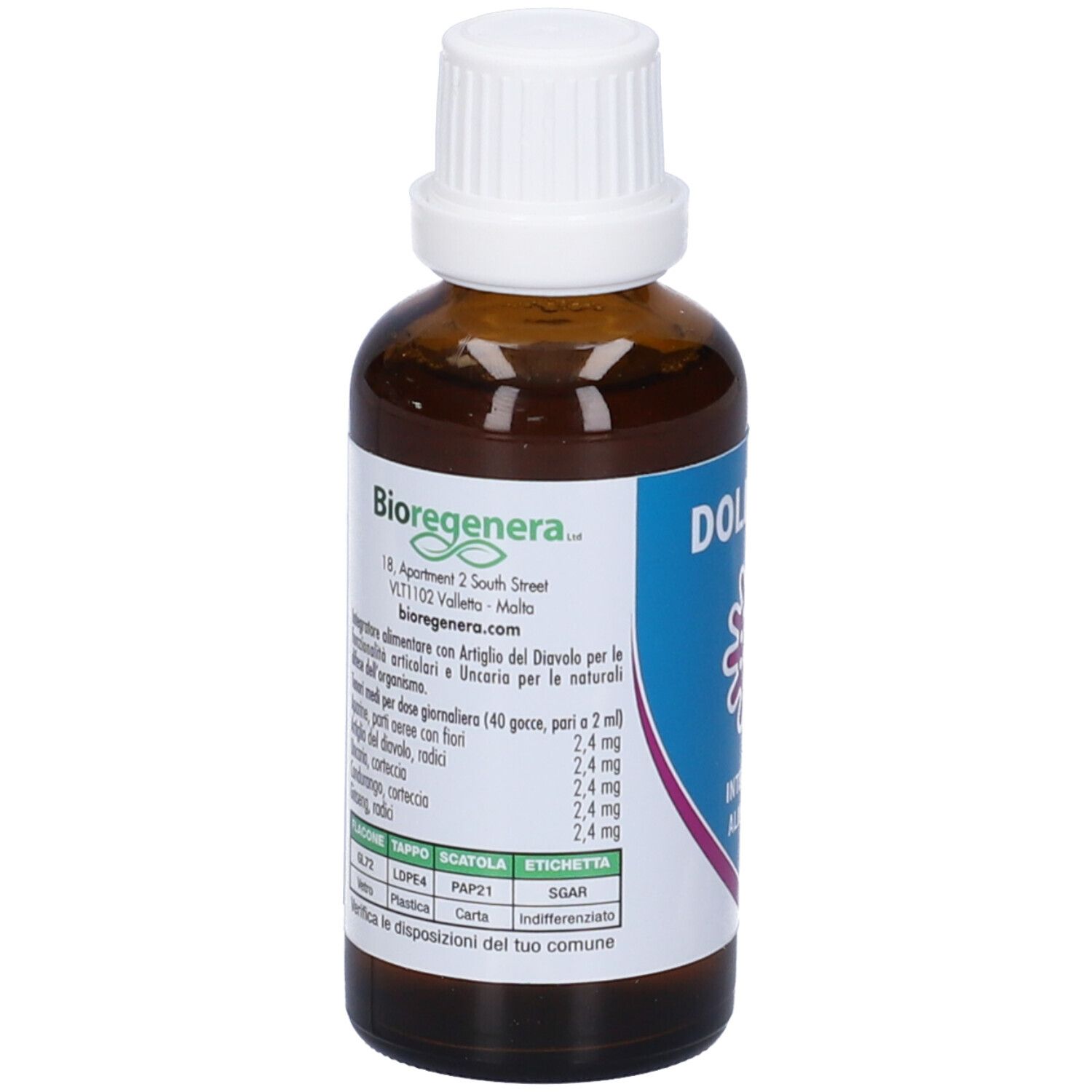 Flacone di vetro marrone con tappo bianco. Etichetta con nome e logo del prodotto. Testo: Integratore Alimentare. Testo sul retro.