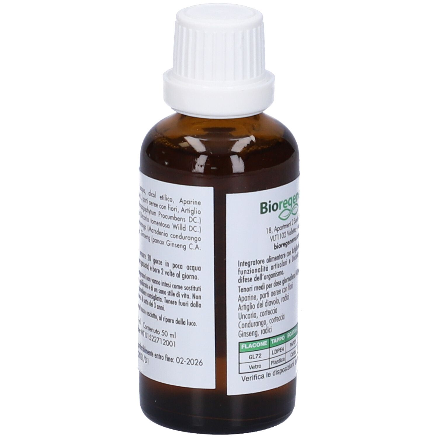 Flacone di vetro marrone con tappo bianco. Etichetta con nome e logo del prodotto. Testo: Integratore Alimentare. Testo sul retro.