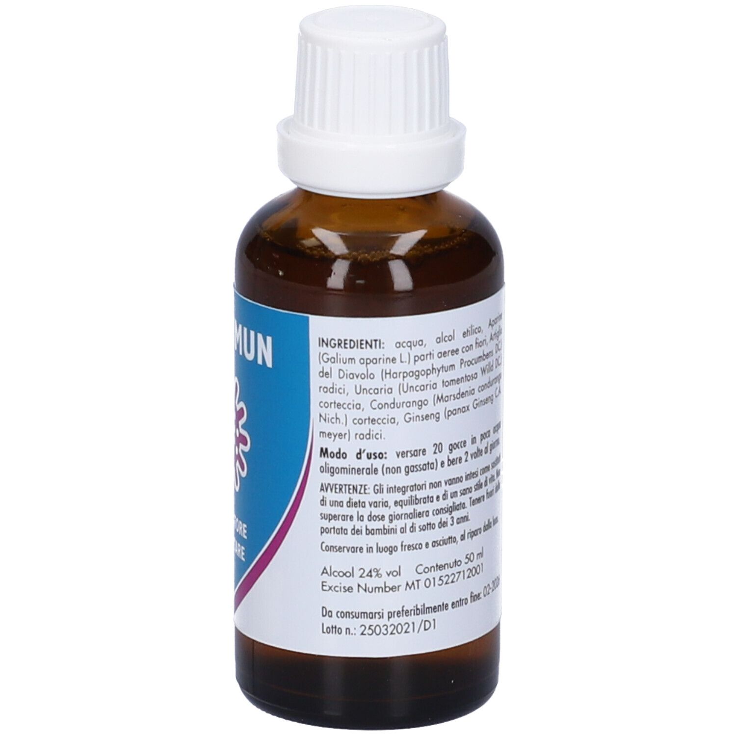 Flacone di vetro marrone con tappo bianco. Etichetta con nome e logo del prodotto. Testo: Integratore Alimentare. Testo sul retro.