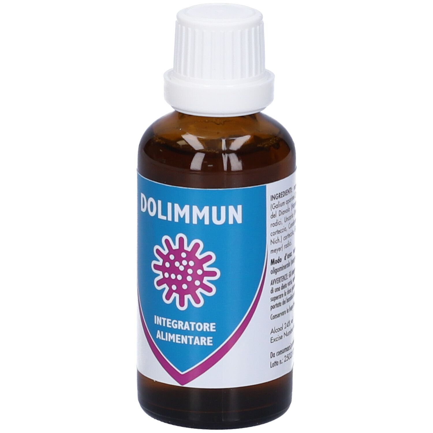 Flacone di vetro marrone con tappo bianco. Etichetta con nome e logo del prodotto. Testo: Integratore Alimentare.