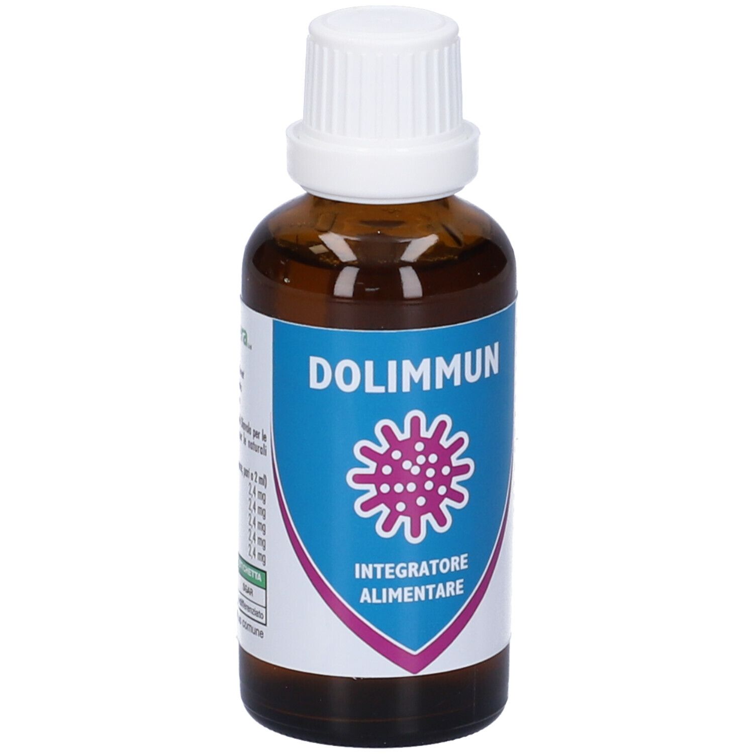 Flacone di vetro marrone con tappo bianco. Etichetta con nome e logo del prodotto. Testo: Integratore Alimentare.