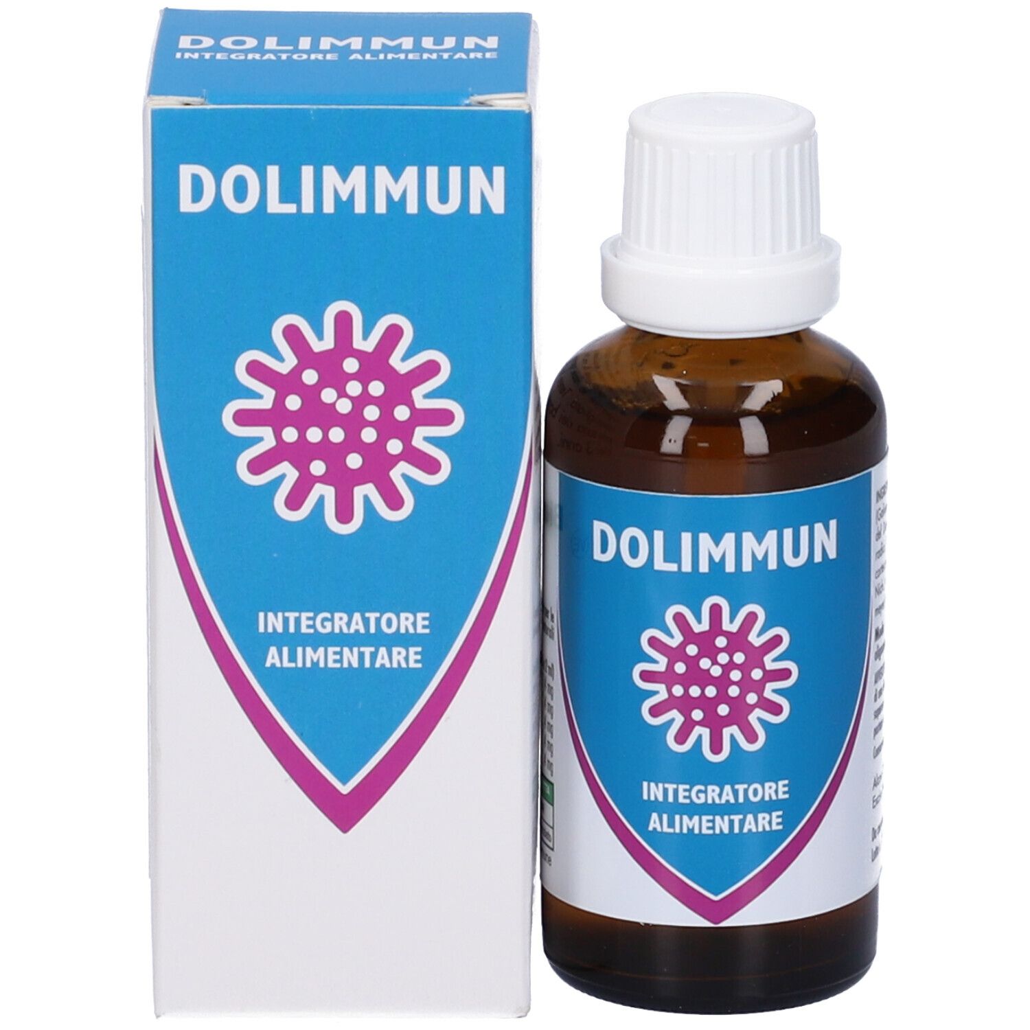 Flacone e confezione del prodotto. Flacone: marrone, tappo bianco. Confezione: bianca, logo blu.