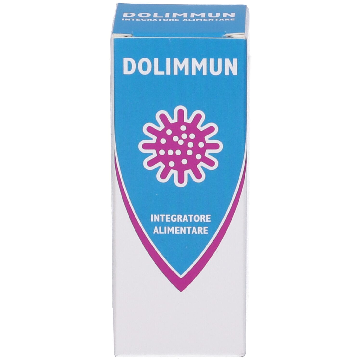 Confezione del prodotto. Bianca con logo blu. Testo: DOLIMMUN, Integratore Alimentare.